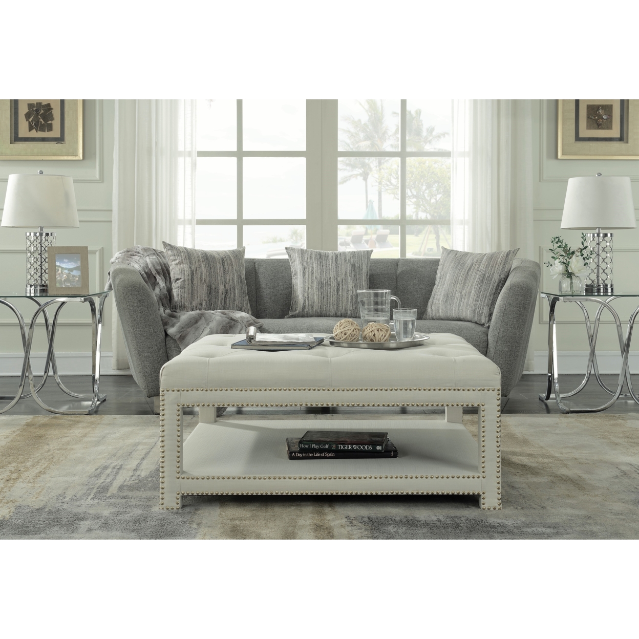 Quinn Coffee Table Ottoman 2-Layer Polished Nailhead Tufted Linen Bench - Beige