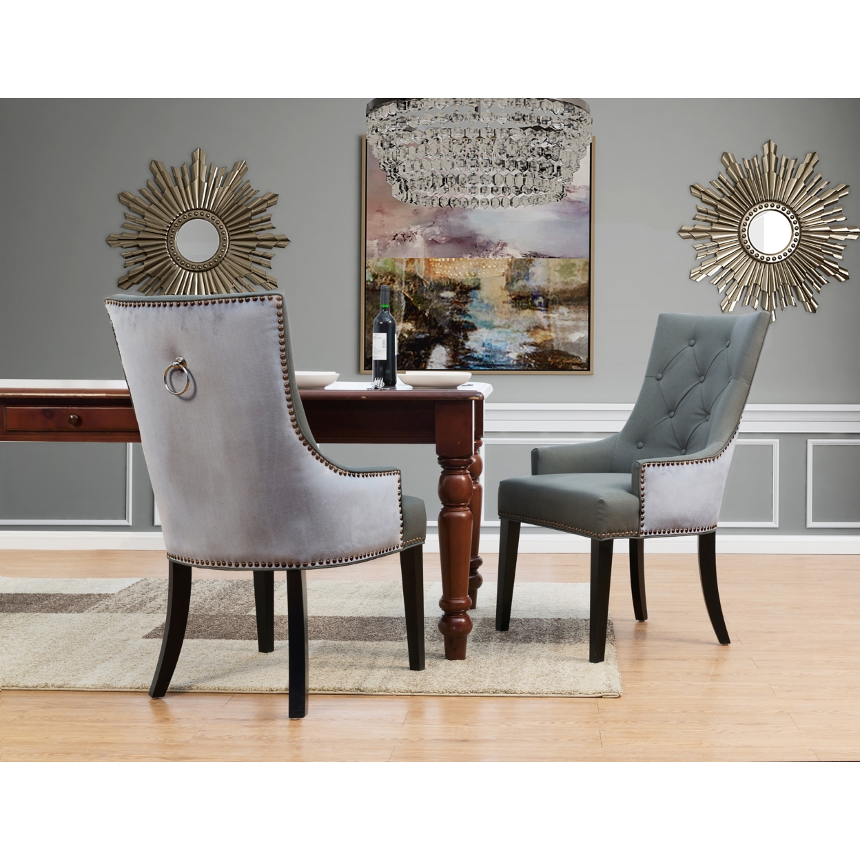 Gideon 2 Pc. Dining Side Chair PU Leather Velvet Polished Brass Nailheads Espresso Finished Wooden Legs - Gray