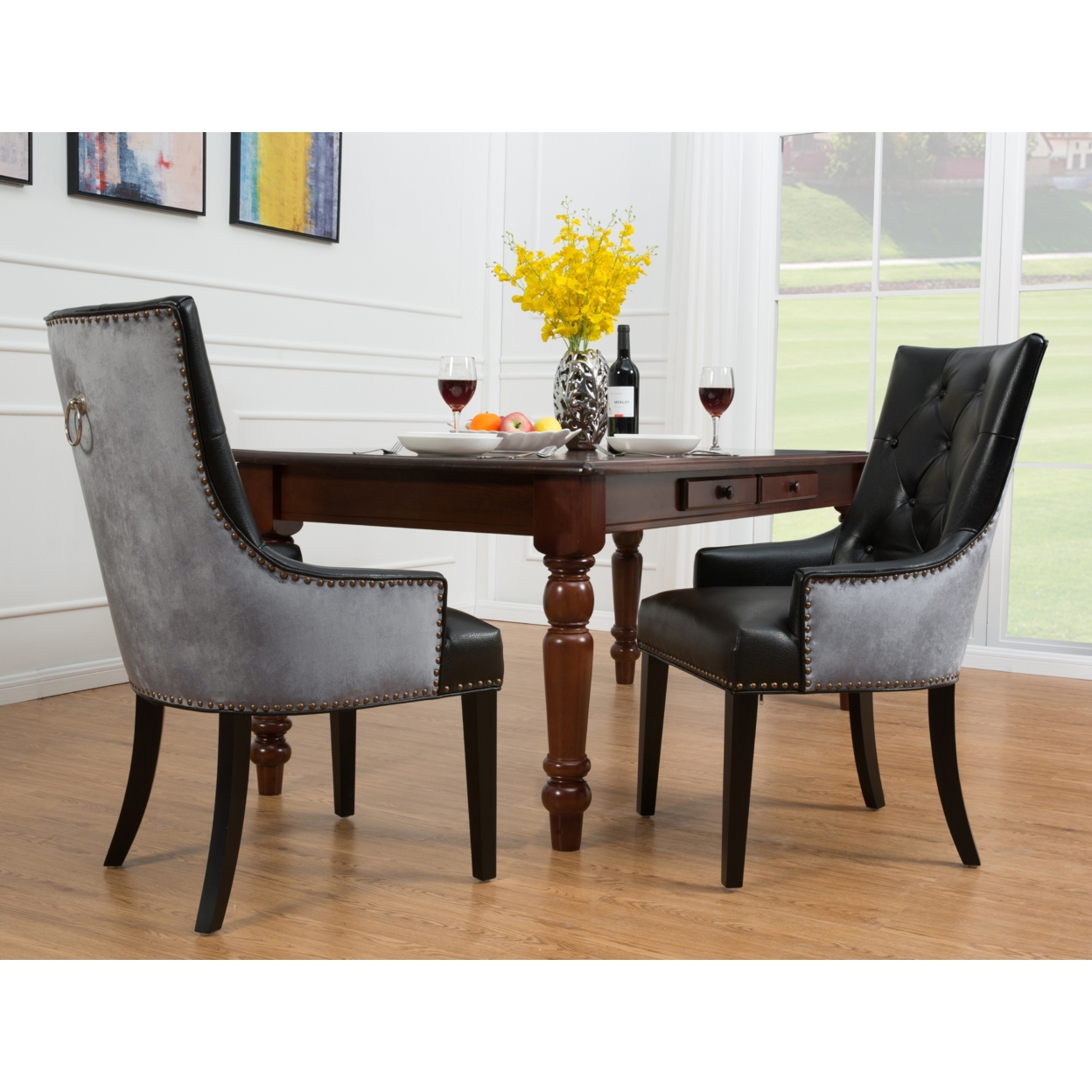 Gideon 2 Pc. Dining Side Chair PU Leather Velvet Polished Brass Nailheads Espresso Finished Wooden Legs - Black
