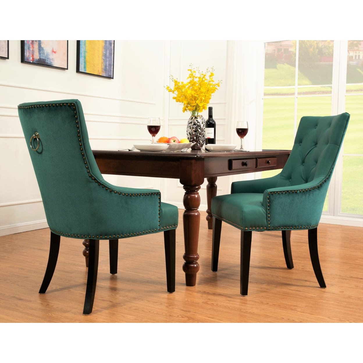 Gideon 2 Pc. Dining Side Chair PU Leather Velvet Polished Brass Nailheads Espresso Finished Wooden Legs - Green