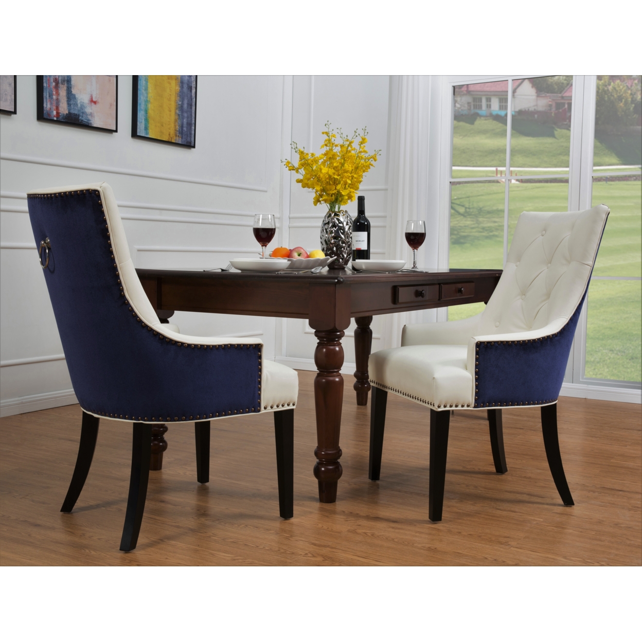 Gideon 2 Pc. Dining Side Chair PU Leather Velvet Polished Brass Nailheads Espresso Finished Wooden Legs - Navy/White