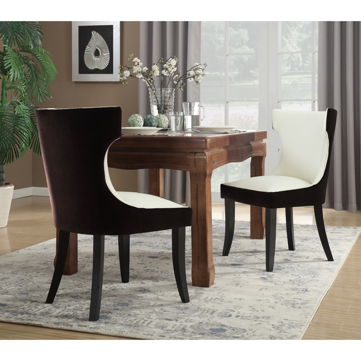 Kona 2-Pc. Set Dining Side Chair Velvet PU Leather Espresso Wood Frame - Beige/Brown