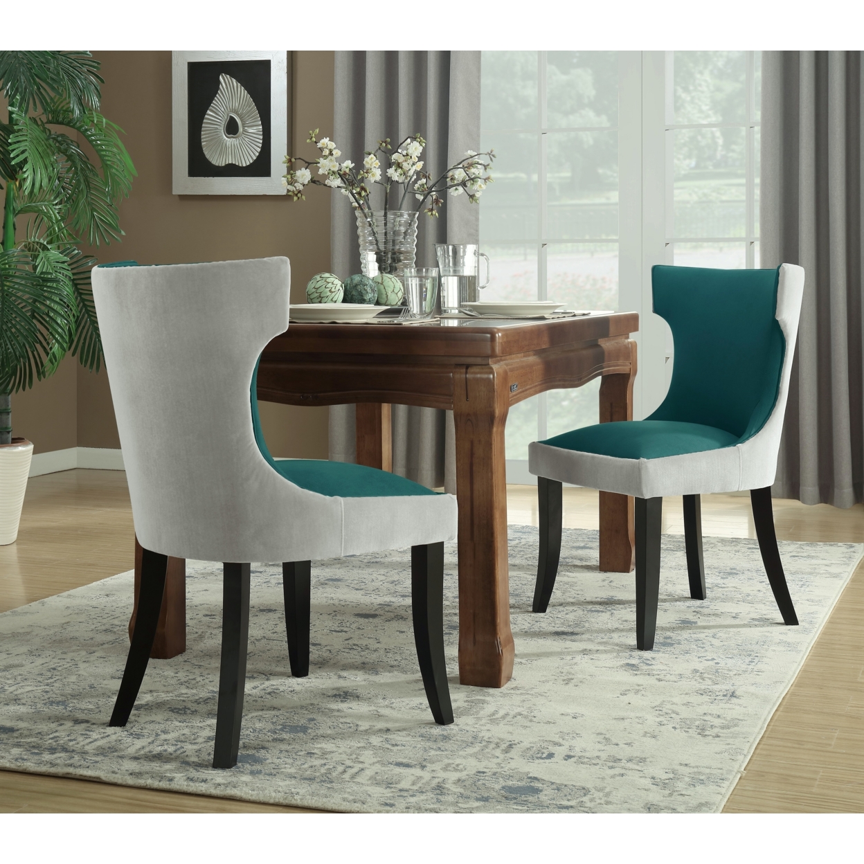 Kona 2-Pc. Set Dining Side Chair Velvet PU Leather Espresso Wood Frame - Teal/Grey