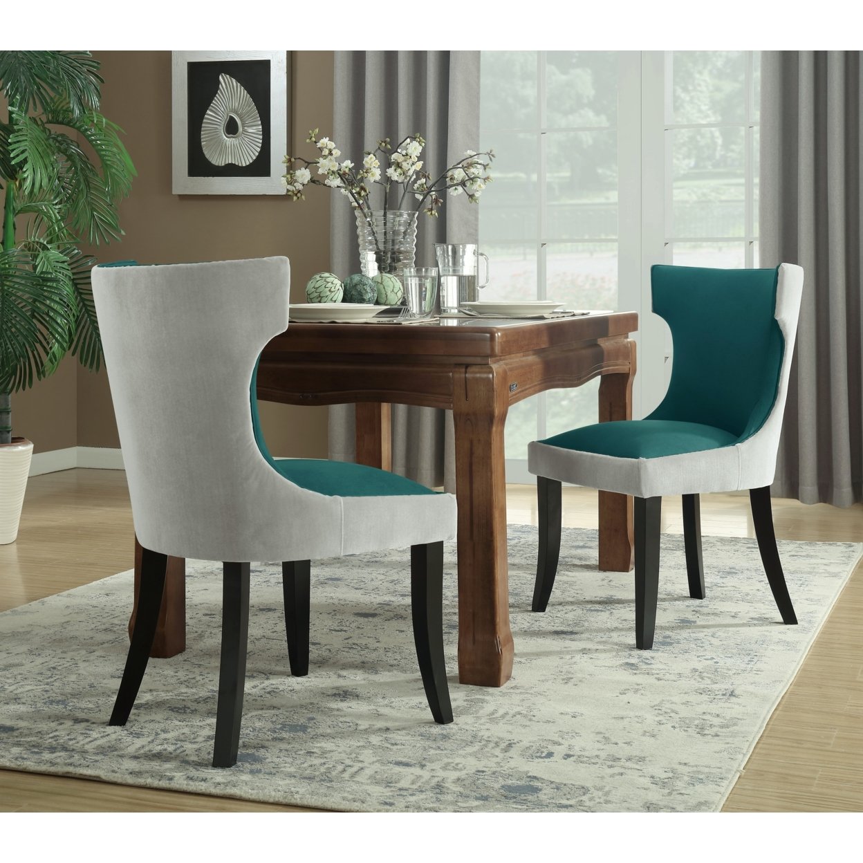 Kona 2-Pc. Set Dining Side Chair Velvet PU Leather Espresso Wood Frame - Grey/Black
