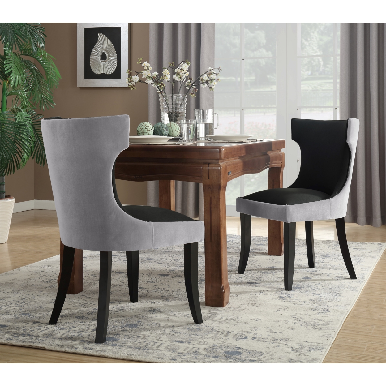 Kona 2-Pc. Set Dining Side Chair Velvet PU Leather Espresso Wood Frame - Teal/Grey