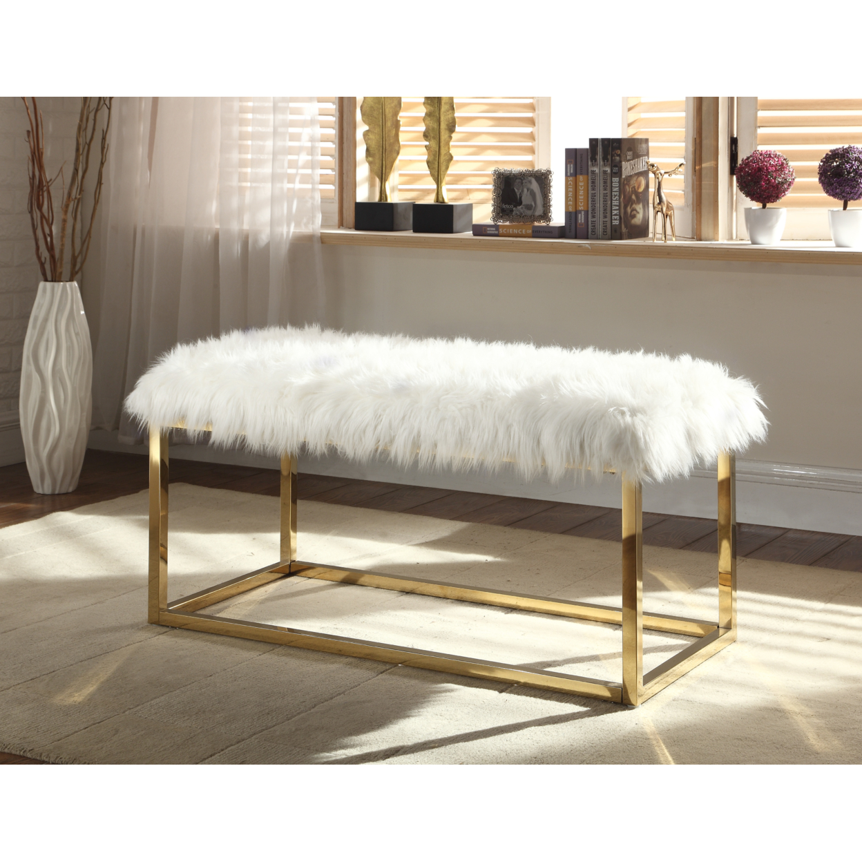 Audrey Bench Ottoman Faux Fur Brass Finished Stainless Steel Metal Frame - Beige