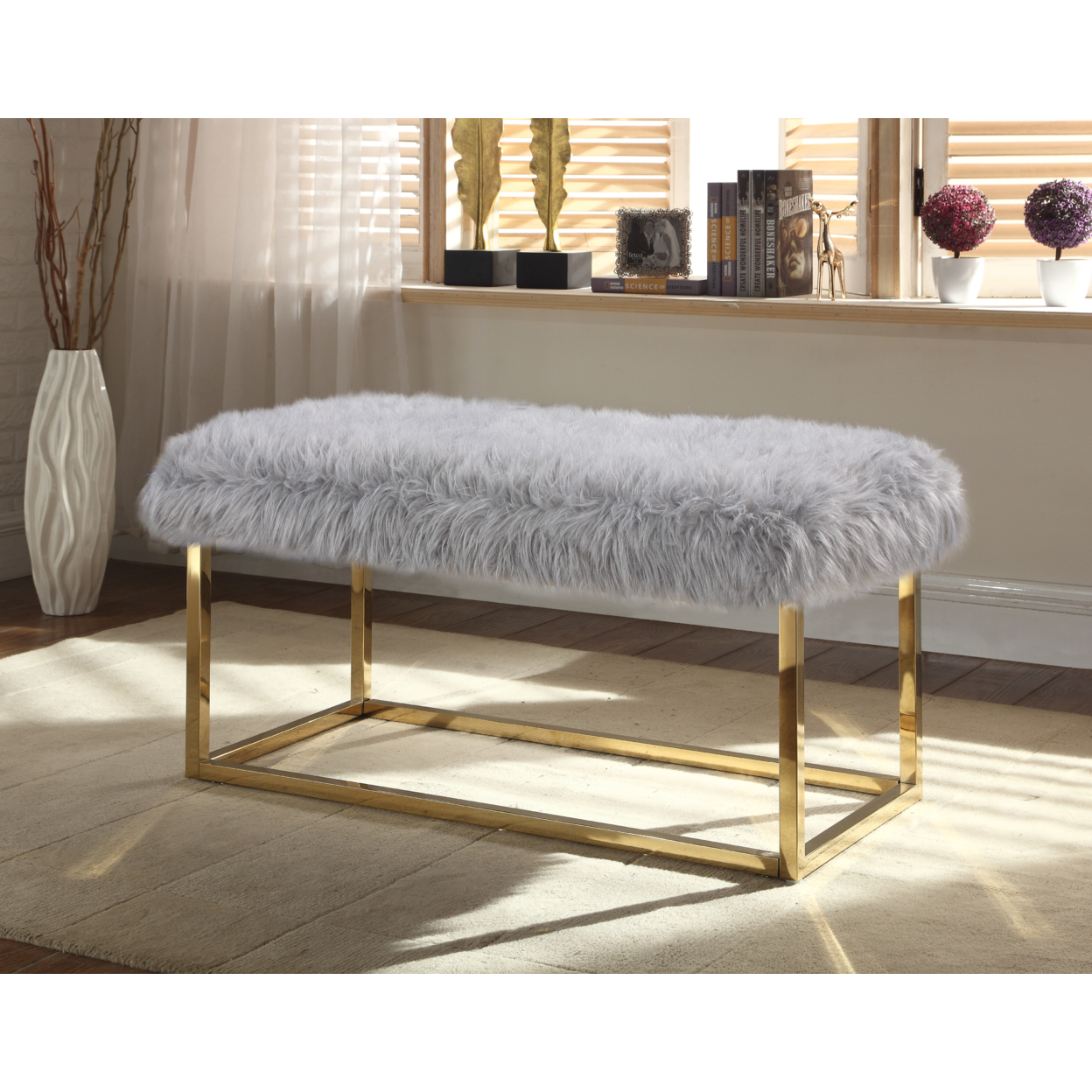 Audrey Bench Ottoman Faux Fur Brass Finished Stainless Steel Metal Frame - White