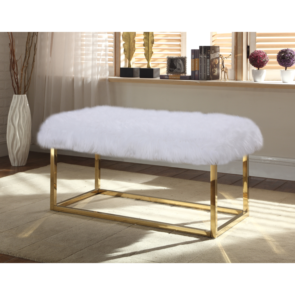 Audrey Bench Ottoman Faux Fur Brass Finished Stainless Steel Metal Frame - Navy