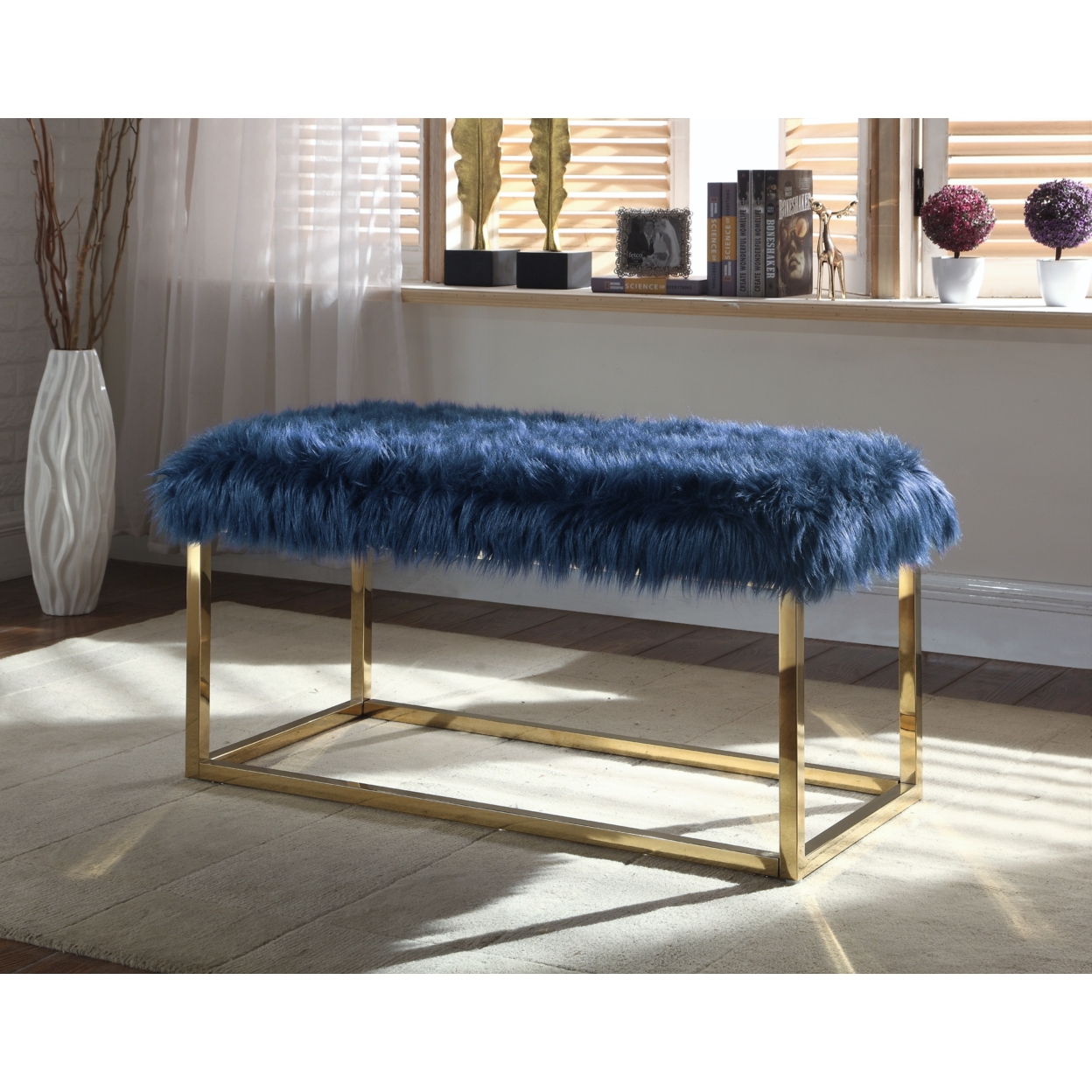 Audrey Bench Ottoman Faux Fur Brass Finished Stainless Steel Metal Frame - Navy