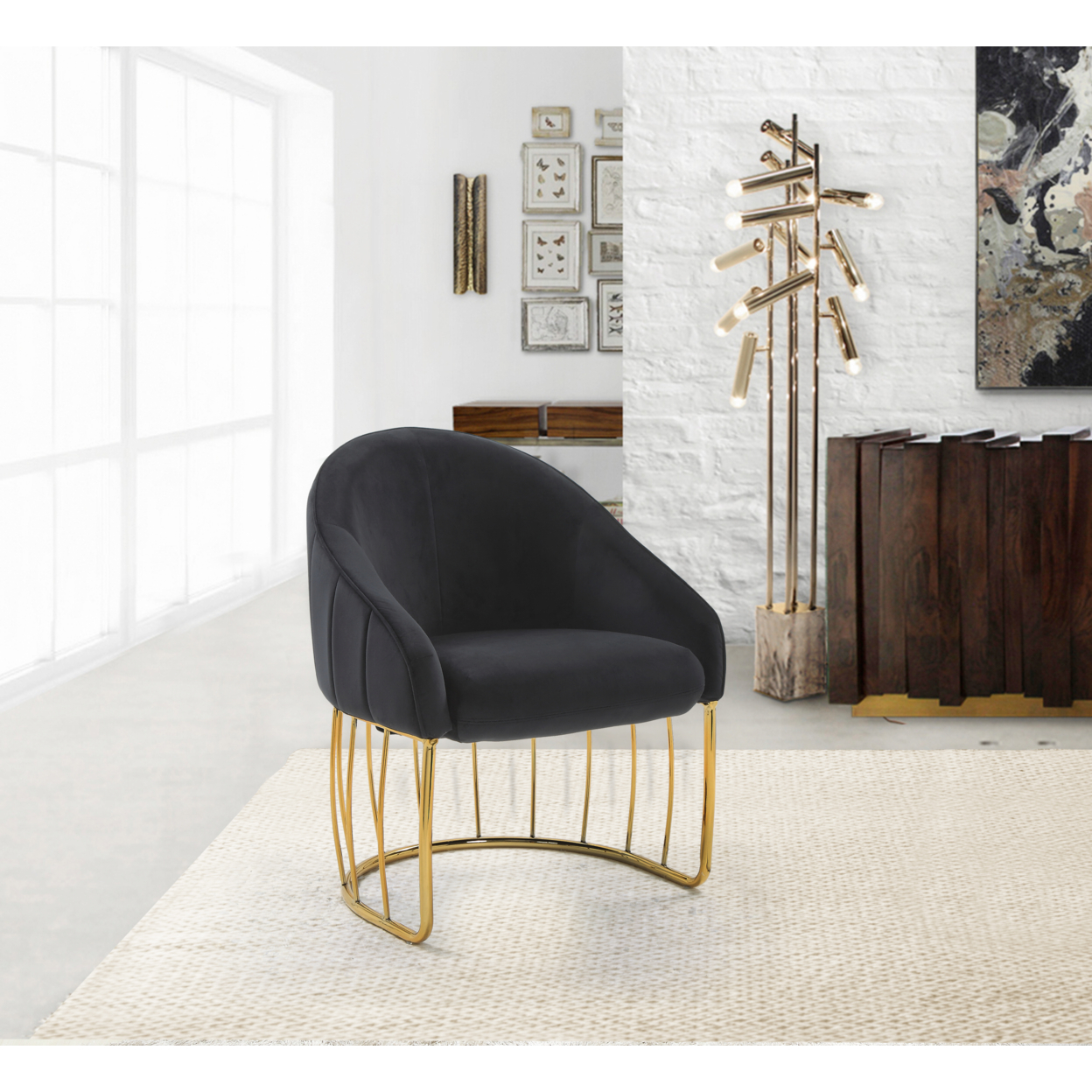 Hammerstein Accent Club Chair Velvet Upholstered Half-Moon Gold Plated Rods Solid Metal Base - Black