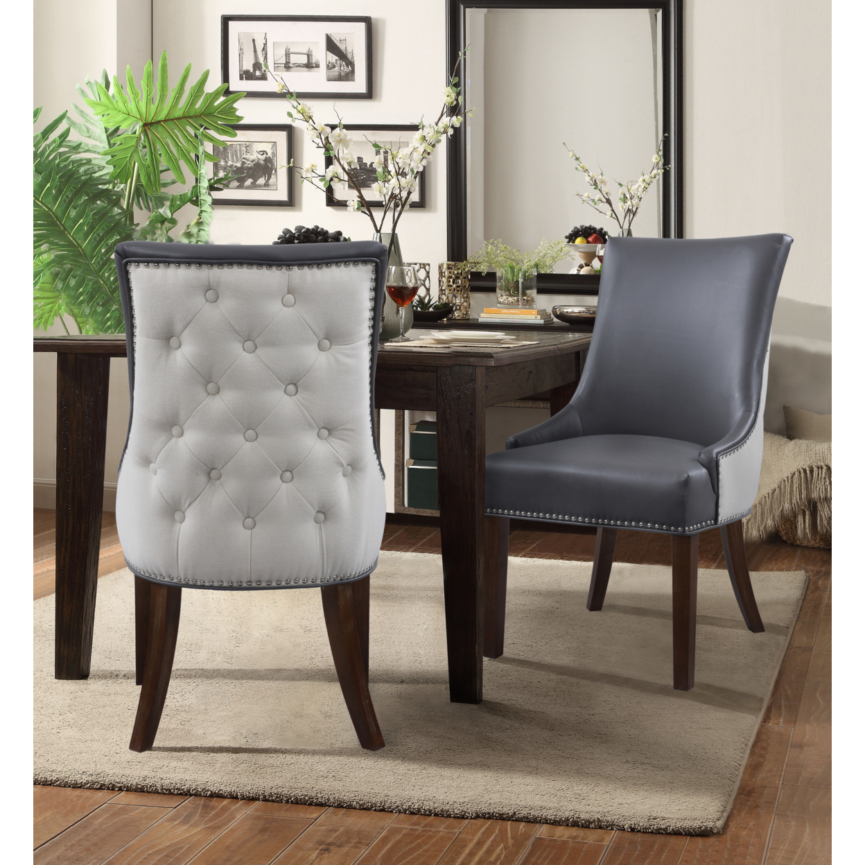Taylor PU Leather Dining Chair, Set Of 2, Linen Button Tufted With Silver Nailhead Solid Birch Legs - Grey