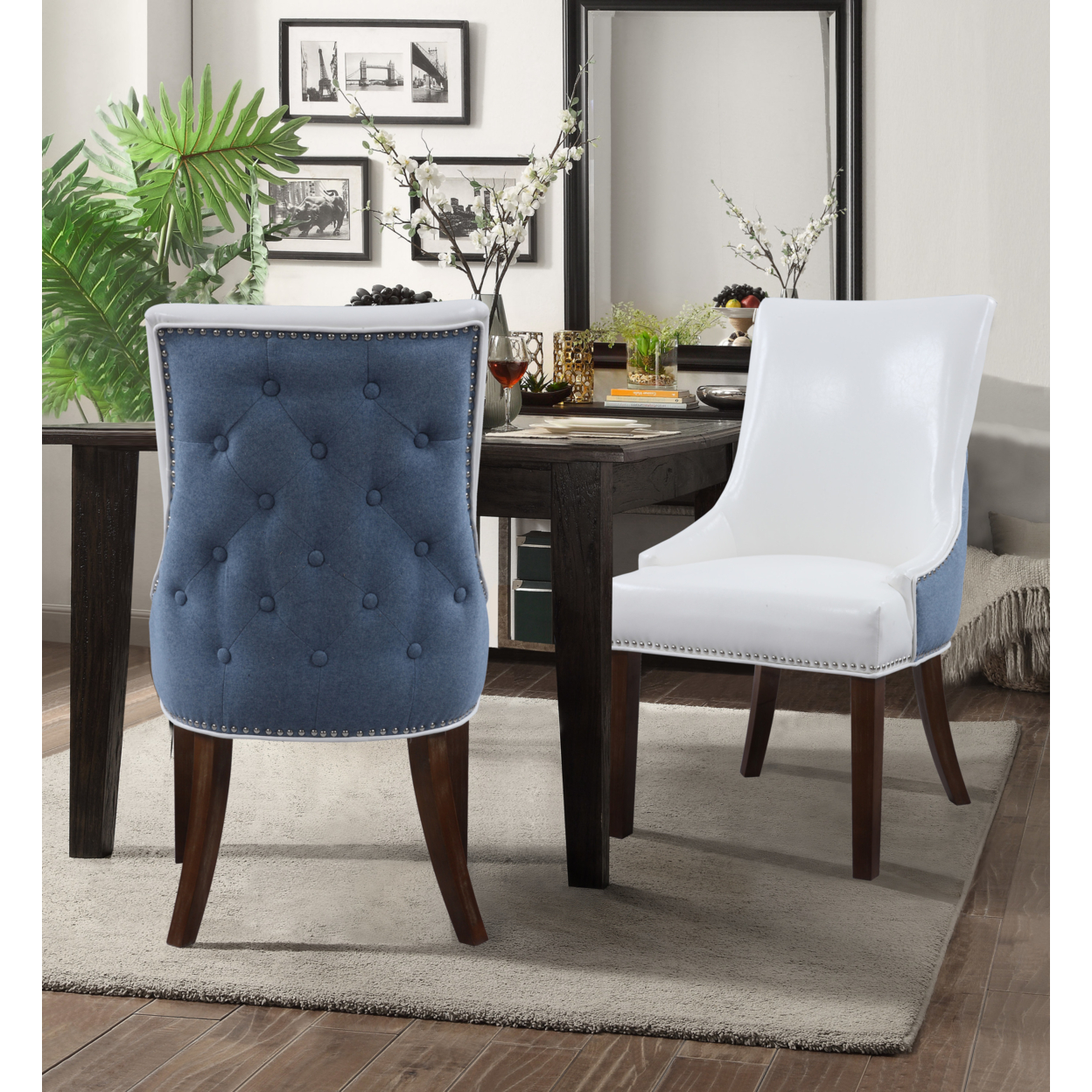 Taylor PU Leather Dining Chair, Set Of 2, Linen Button Tufted With Silver Nailhead Solid Birch Legs - Navy