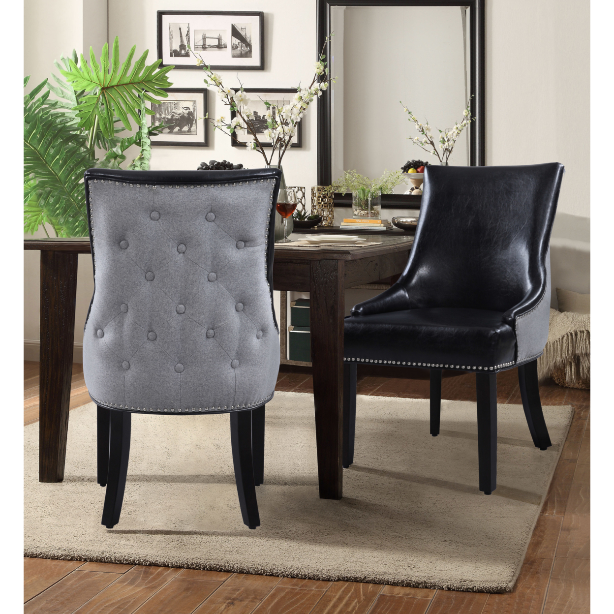 Taylor PU Leather Dining Chair, Set Of 2, Linen Button Tufted With Silver Nailhead Solid Birch Legs - Black