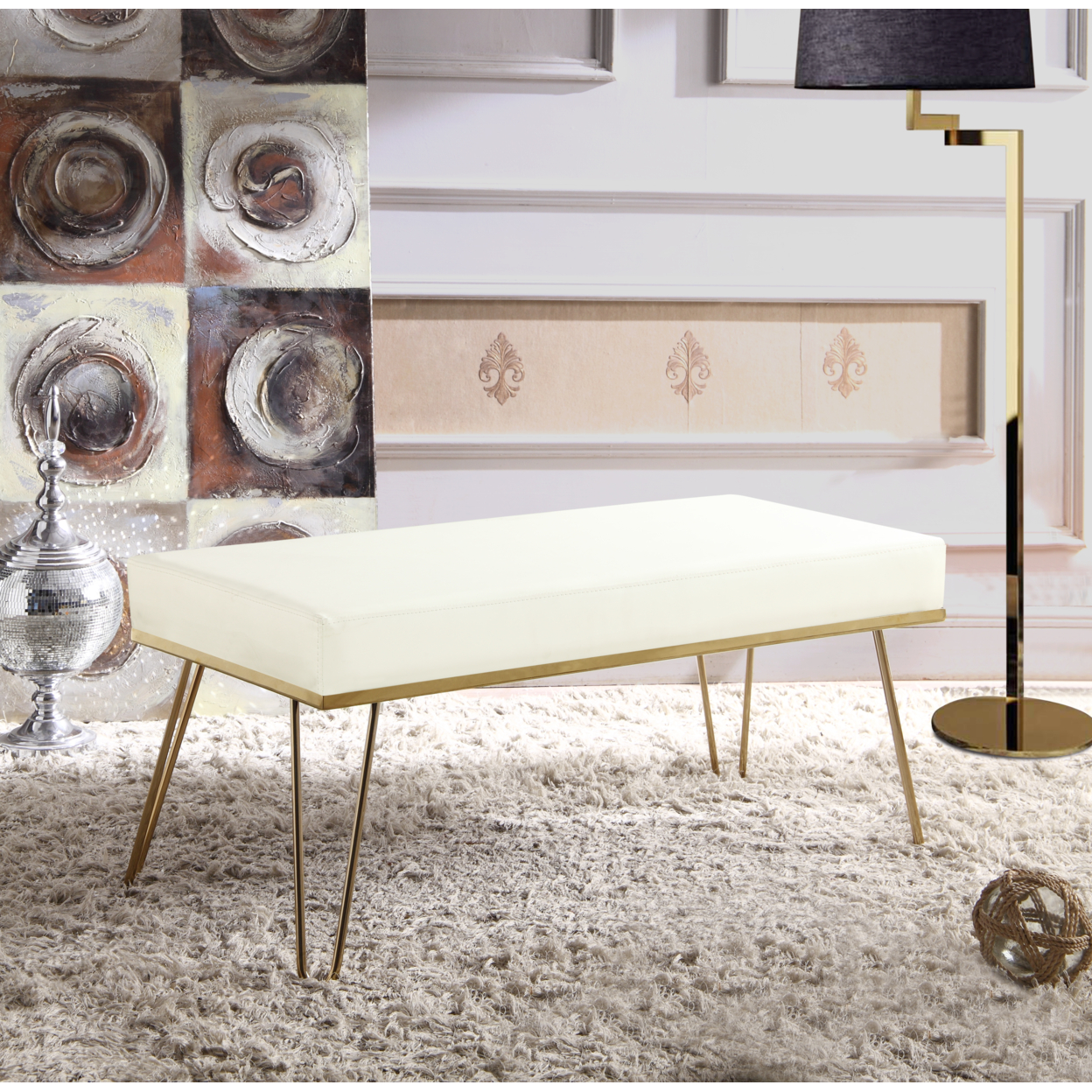 Aldon Bench PU Leather Upholstered Brass Finished Frame Hairpin Legs - Cream