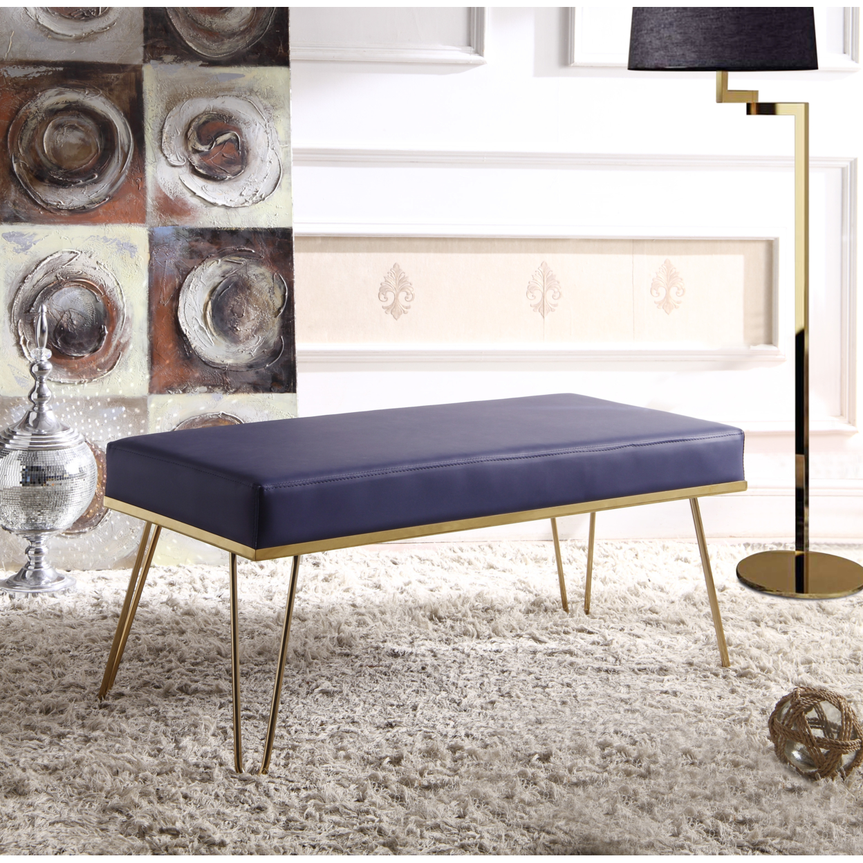Aldon Bench PU Leather Upholstered Brass Finished Frame Hairpin Legs - Taupe