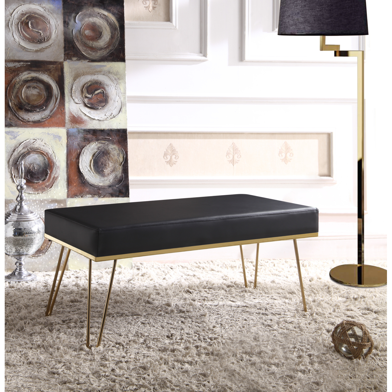 Aldon Bench PU Leather Upholstered Brass Finished Frame Hairpin Legs - Black