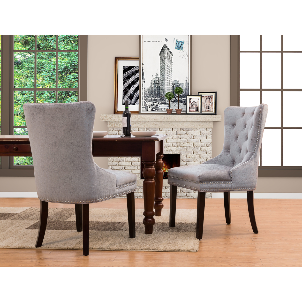 Charlotte Dining Side Accent Chair Button Tufted Velvet Upholstery Espresso Wood Legs, Set Of 2 - Grey
