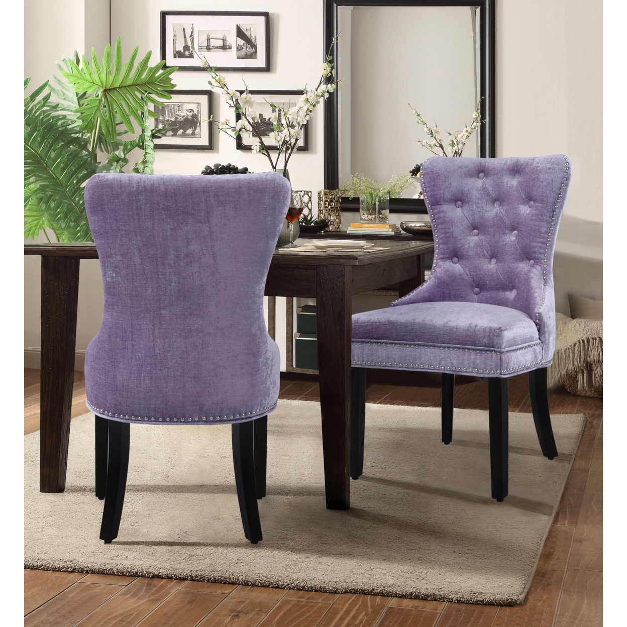 Charlotte Dining Side Accent Chair Button Tufted Velvet Upholstery Espresso Wood Legs, Set Of 2 - Blue