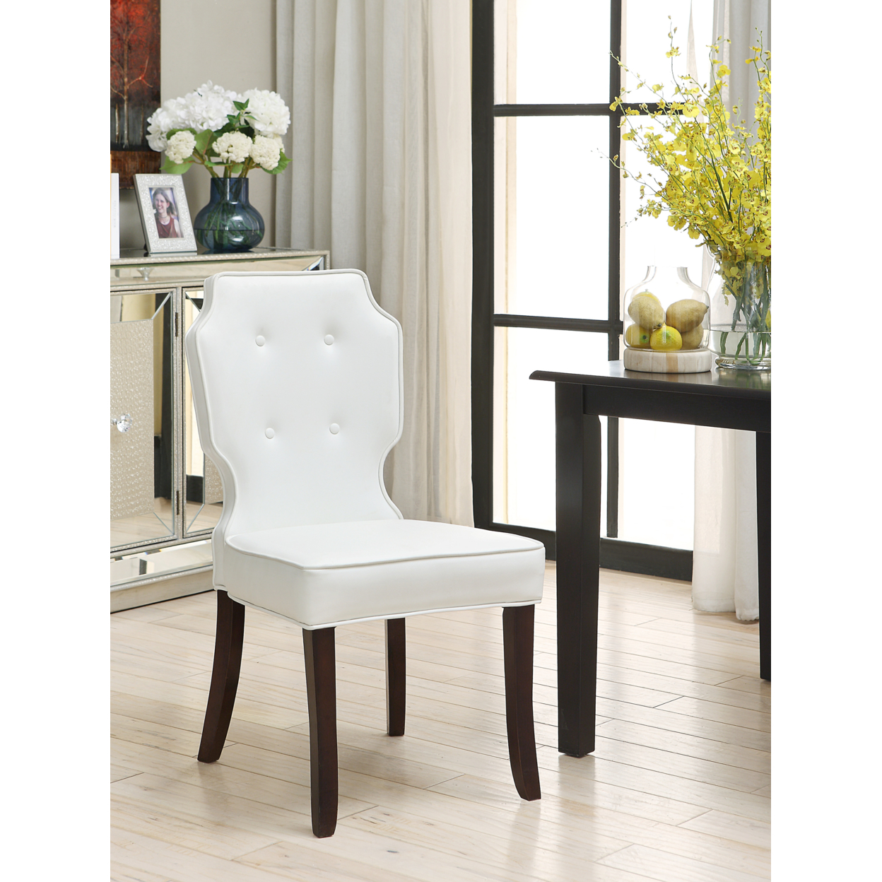 Jones Dining Side Accent Chair Button Tufted Pebble Grain PU Leather Espresso Wood Frame, Set Of 2 - White