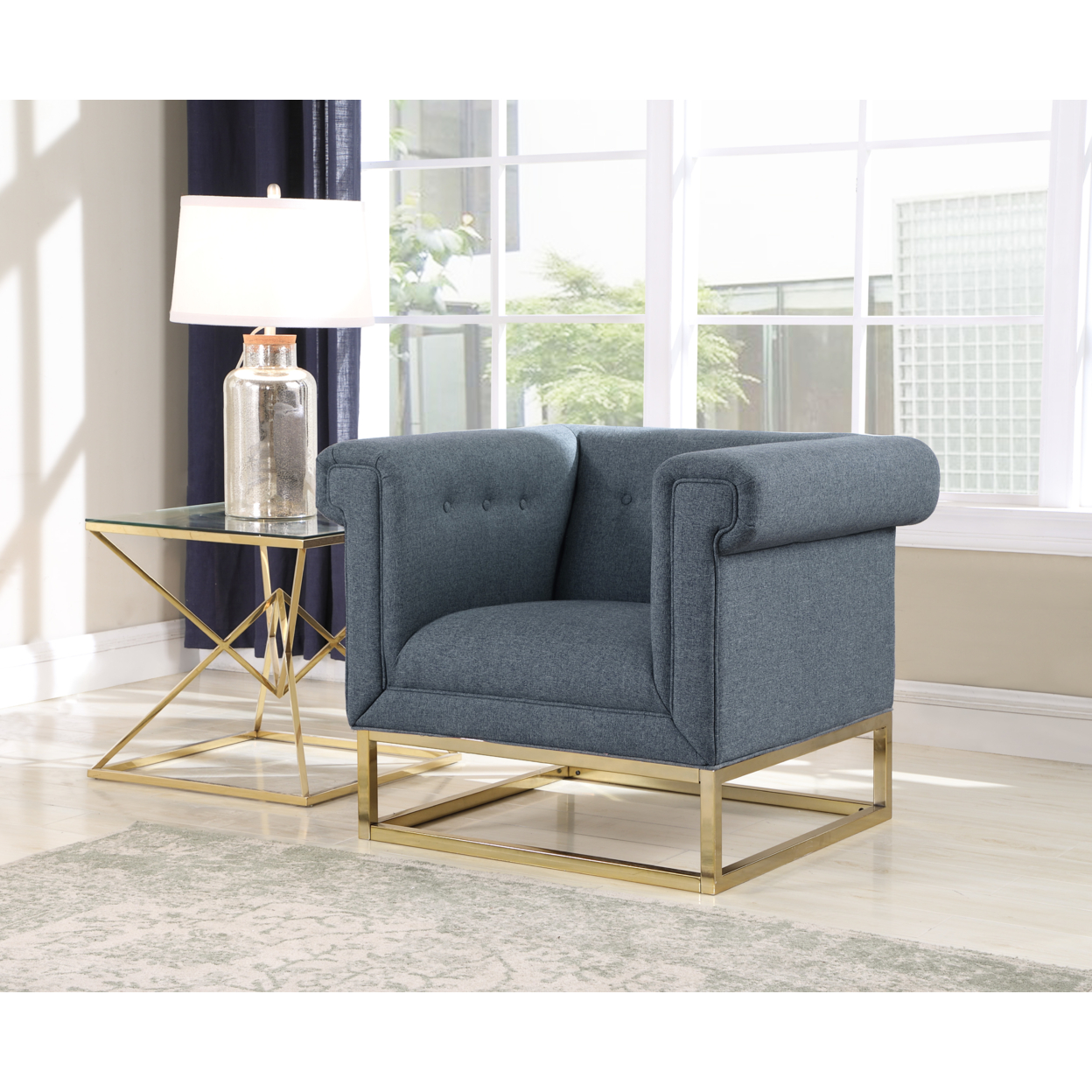 Cassandra Accent Club Chair Button Tufted Linen-Textured Plush Cushion Brass Finished Brushed Metal Base Frame - Blue