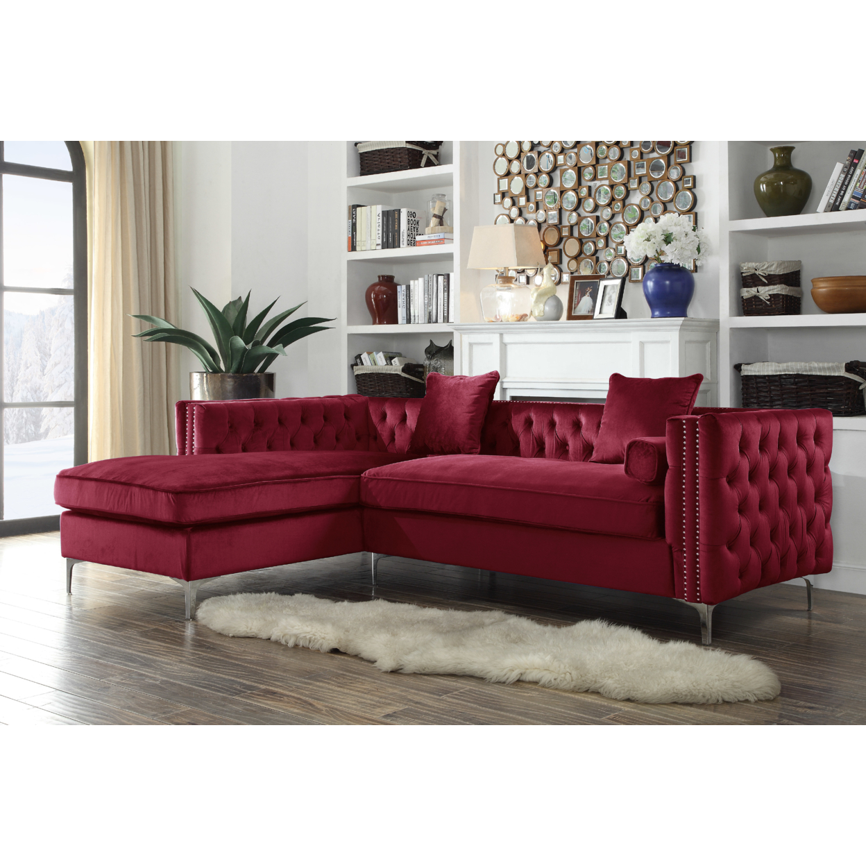 Picasso Velvet Left Facing Sectional Sofa Button Tufted With Silver Nailhead Trim Silvertone Metal Y-leg - Red