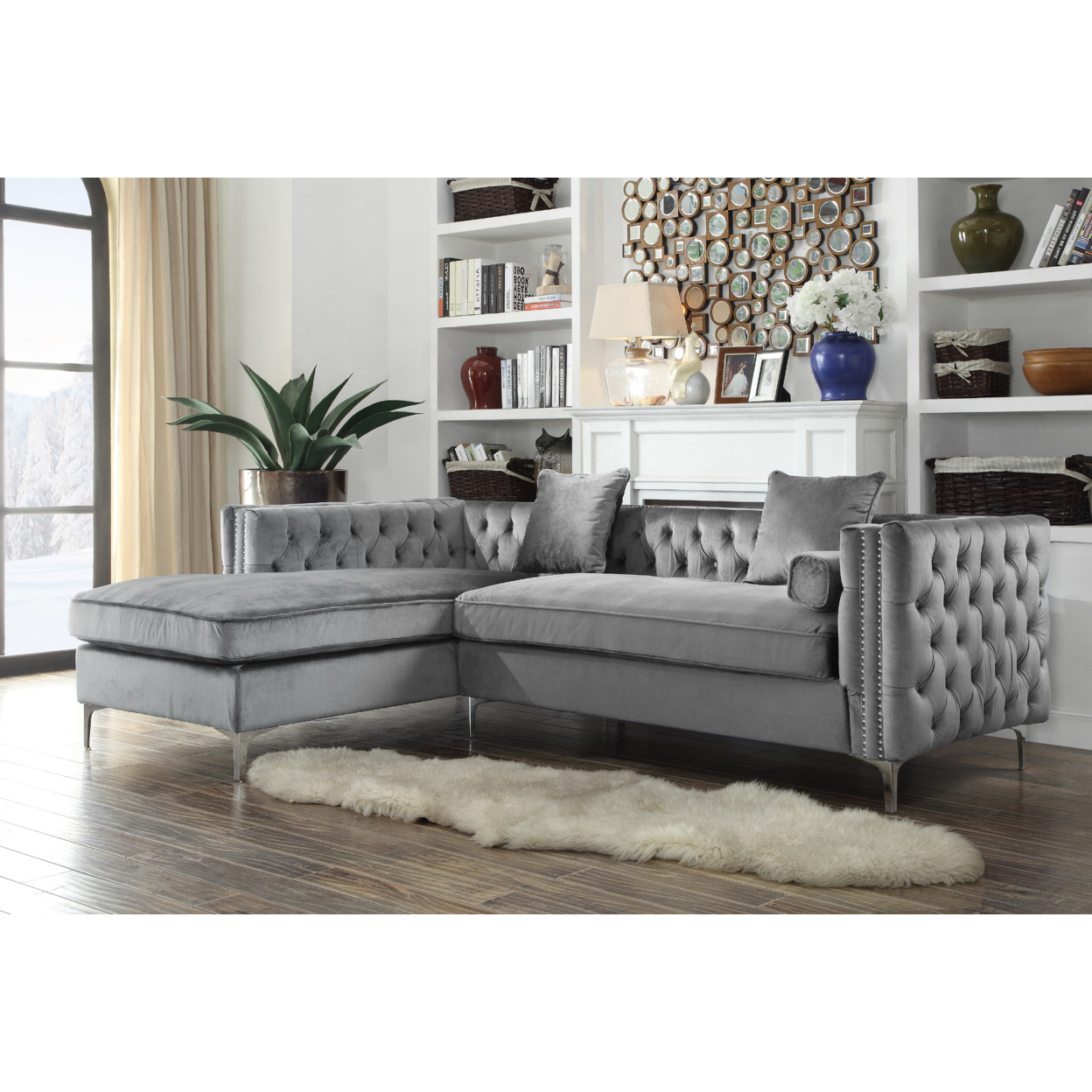 Picasso Velvet Left Facing Sectional Sofa Button Tufted With Silver Nailhead Trim Silvertone Metal Y-leg - Grey