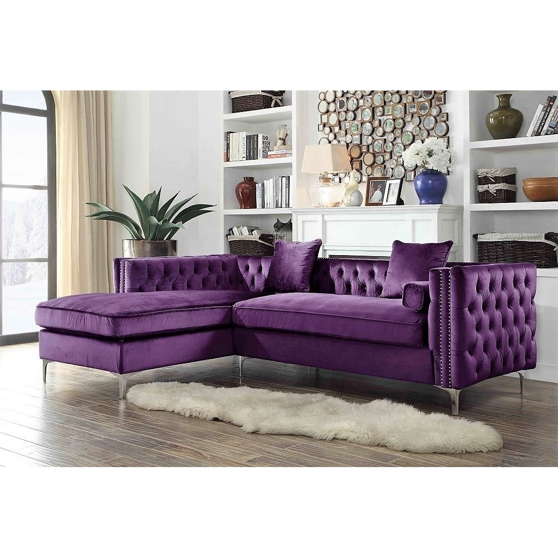 Picasso Velvet Left Facing Sectional Sofa Button Tufted With Silver Nailhead Trim Silvertone Metal Y-leg - Purple