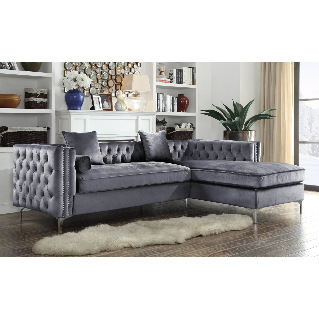 Picasso Velvet Right Facing Sectional Sofa Button Tufted With Silver Nailhead Trim Silvertone Metal Y-leg - Purple