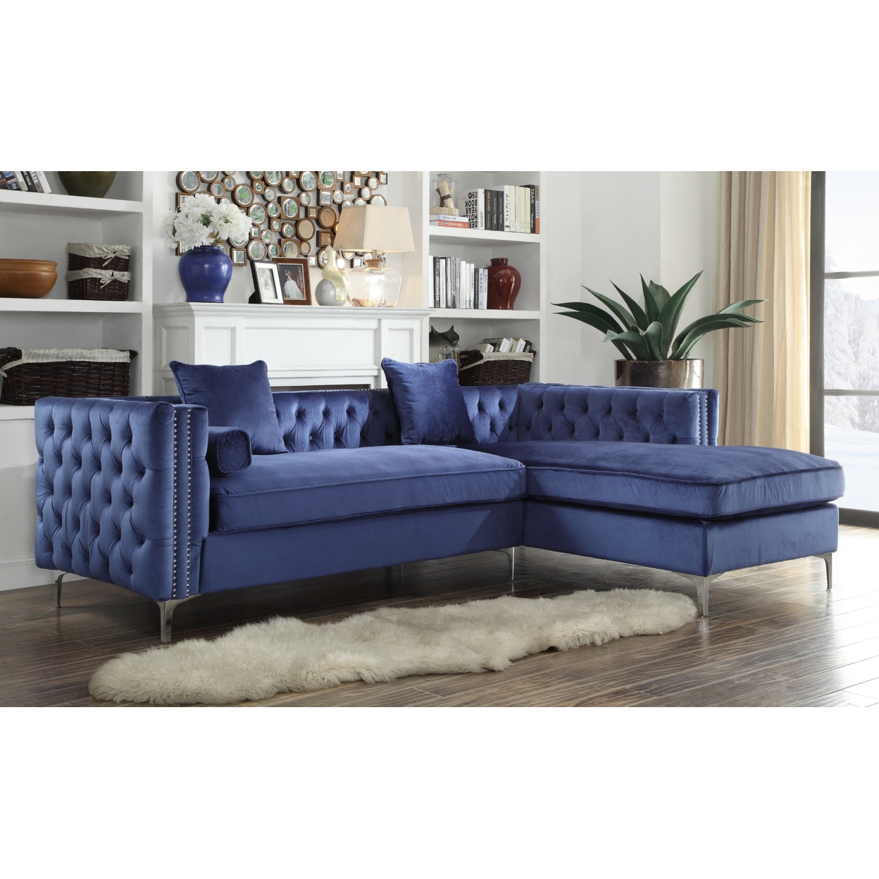 Picasso Velvet Right Facing Sectional Sofa Button Tufted With Silver Nailhead Trim Silvertone Metal Y-leg - Navy