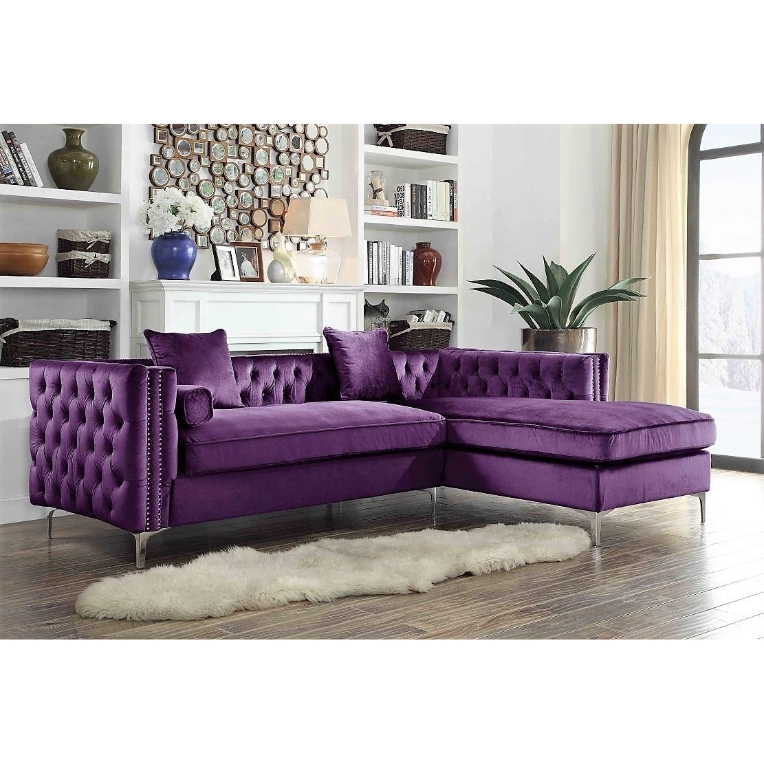 Picasso Velvet Right Facing Sectional Sofa Button Tufted With Silver Nailhead Trim Silvertone Metal Y-leg - Purple