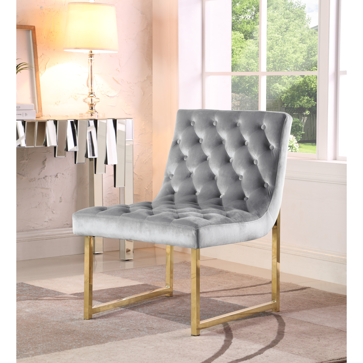 Katya Accent Chair Sleek Elegant Tufted Velvet Upholstery Plush Cushion Brass Finished Polished Metal Frame - Grey