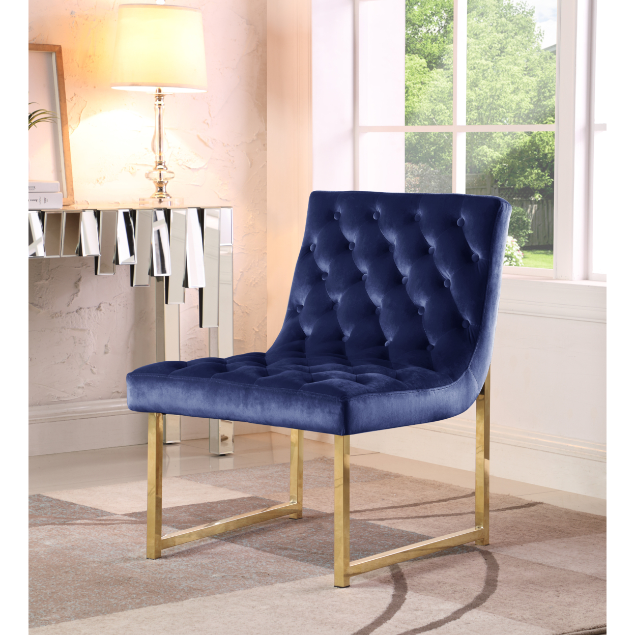 Katya Accent Chair Sleek Elegant Tufted Velvet Upholstery Plush Cushion Brass Finished Polished Metal Frame - Grey
