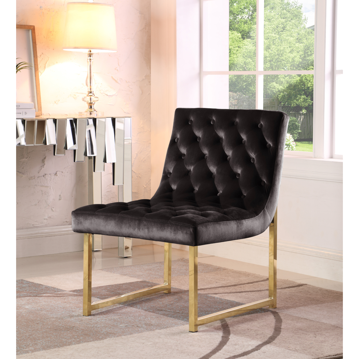 Katya Accent Chair Sleek Elegant Tufted Velvet Upholstery Plush Cushion Brass Finished Polished Metal Frame - Black