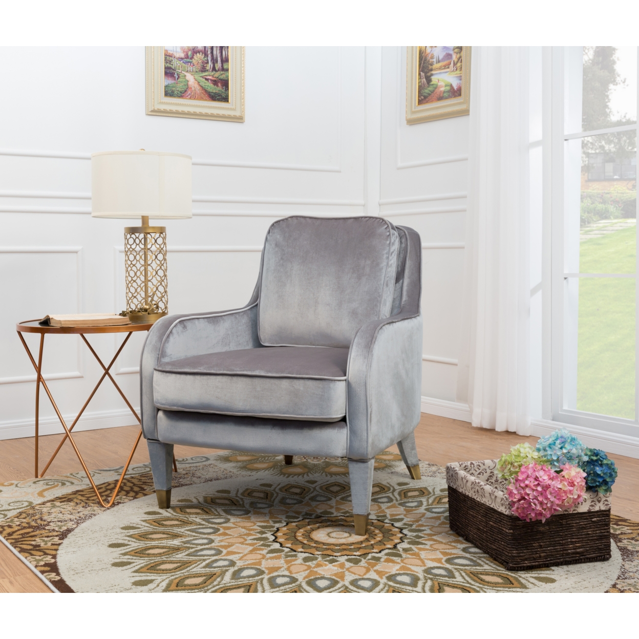Gila Accent Club Chair Velvet Upholstered Plush Cushion Seat Metal Trim - Grey