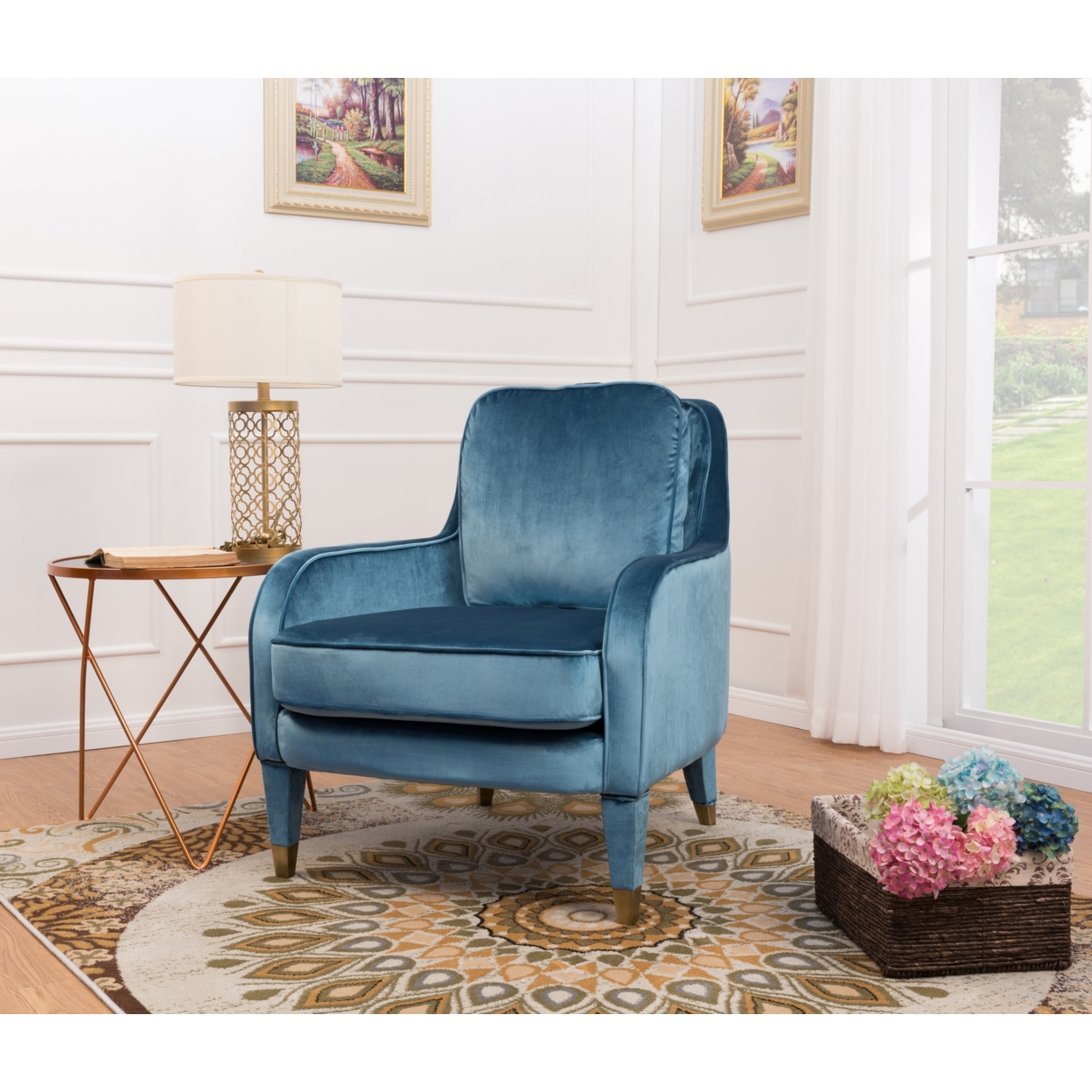 Gila Accent Club Chair Velvet Upholstered Plush Cushion Seat Metal Trim - Blue
