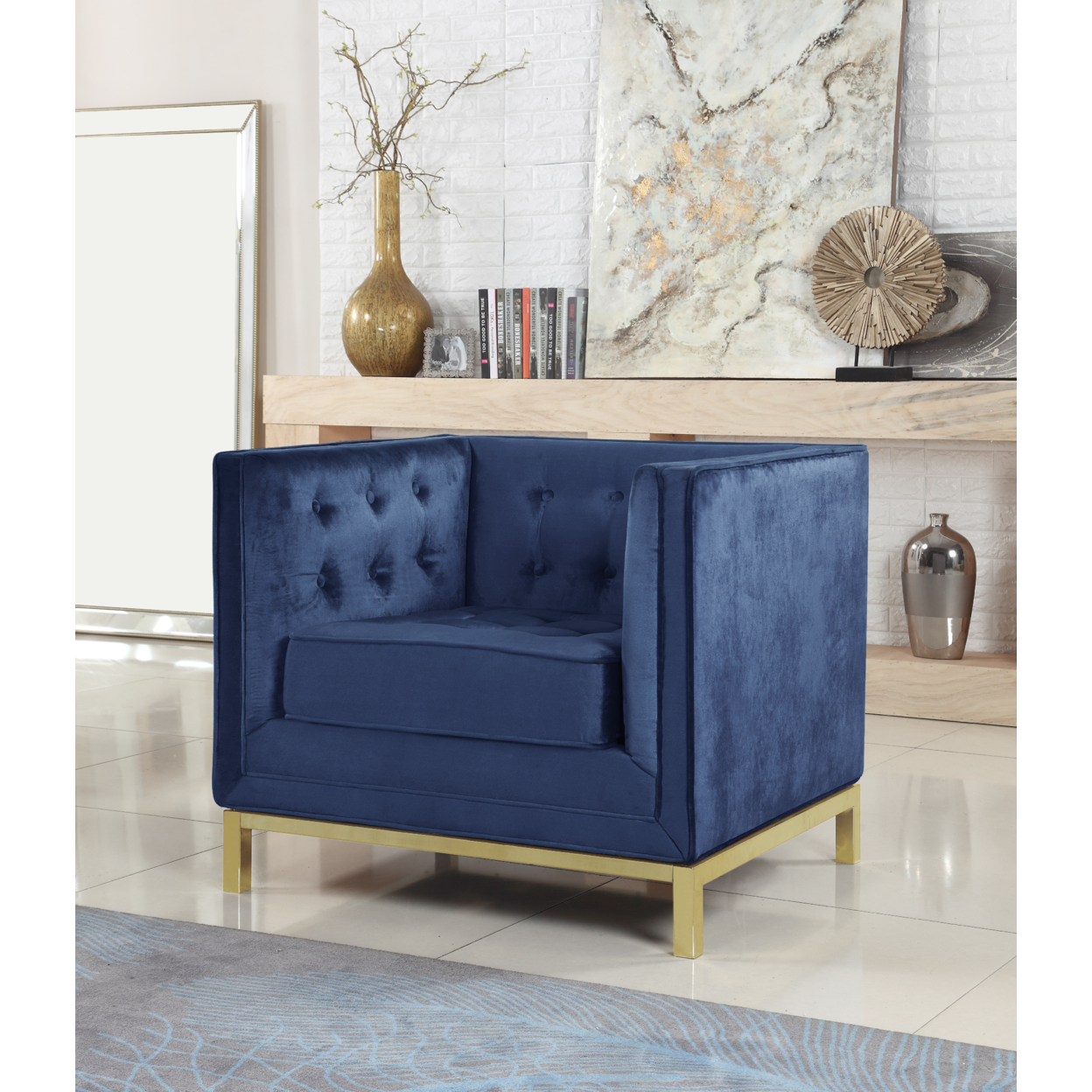 Vigan Accent Club Chair Velvet Plush Cushion Brass Finished Stainless Steel Brushed Metal Frame - Navy