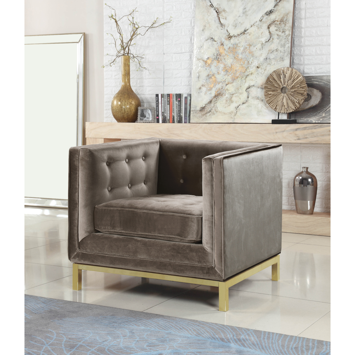 Vigan Accent Club Chair Velvet Plush Cushion Brass Finished Stainless Steel Brushed Metal Frame - Taupe