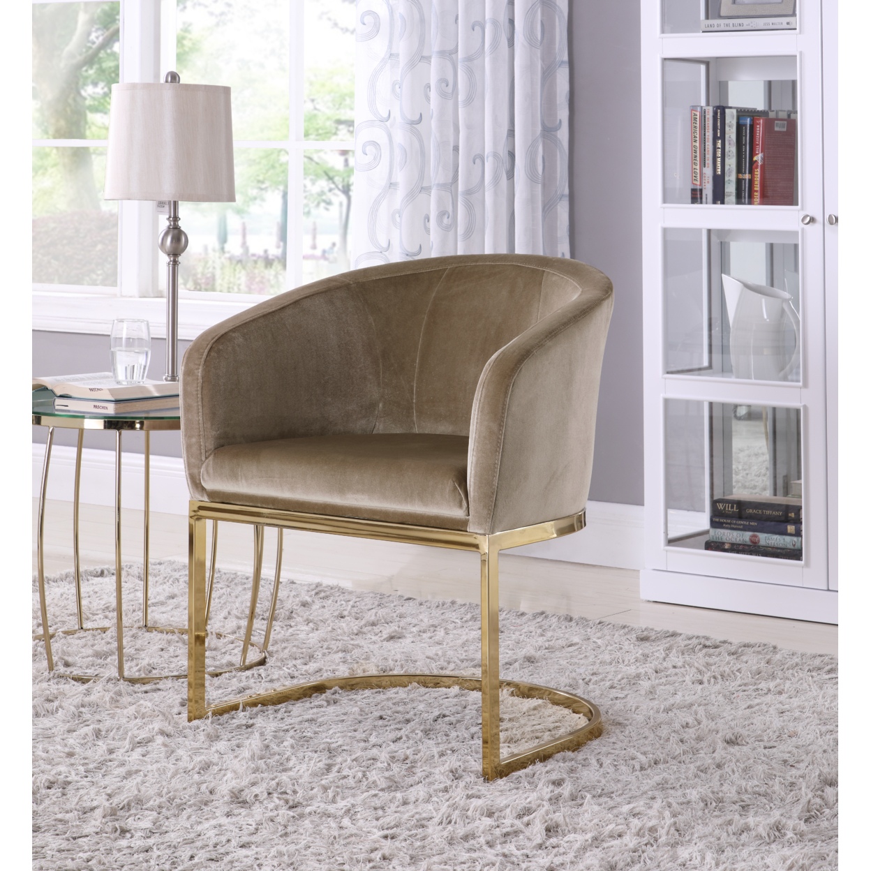 Lippi Accent Club Chair Velvet Upholstered Half-Moon Gold Plated Solid Metal U-Shaped Base - Grey