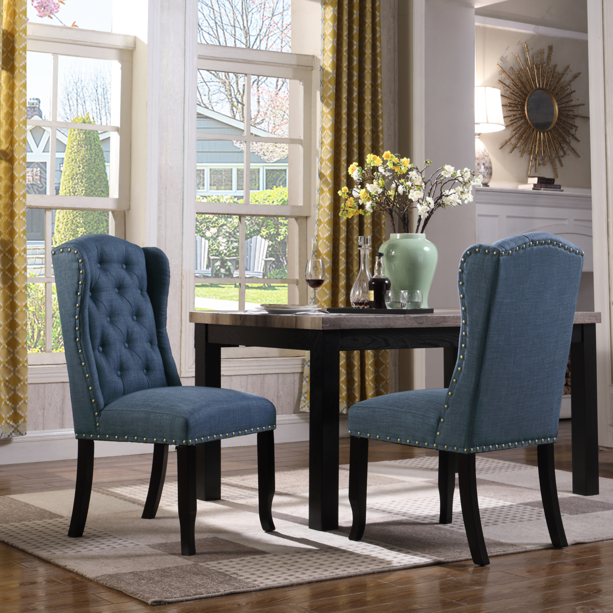 Scheindlin Dining Side Accent Wingback Chair Faux Linen Upholstered Espresso Wood Legs, Set Of 2 - Grey