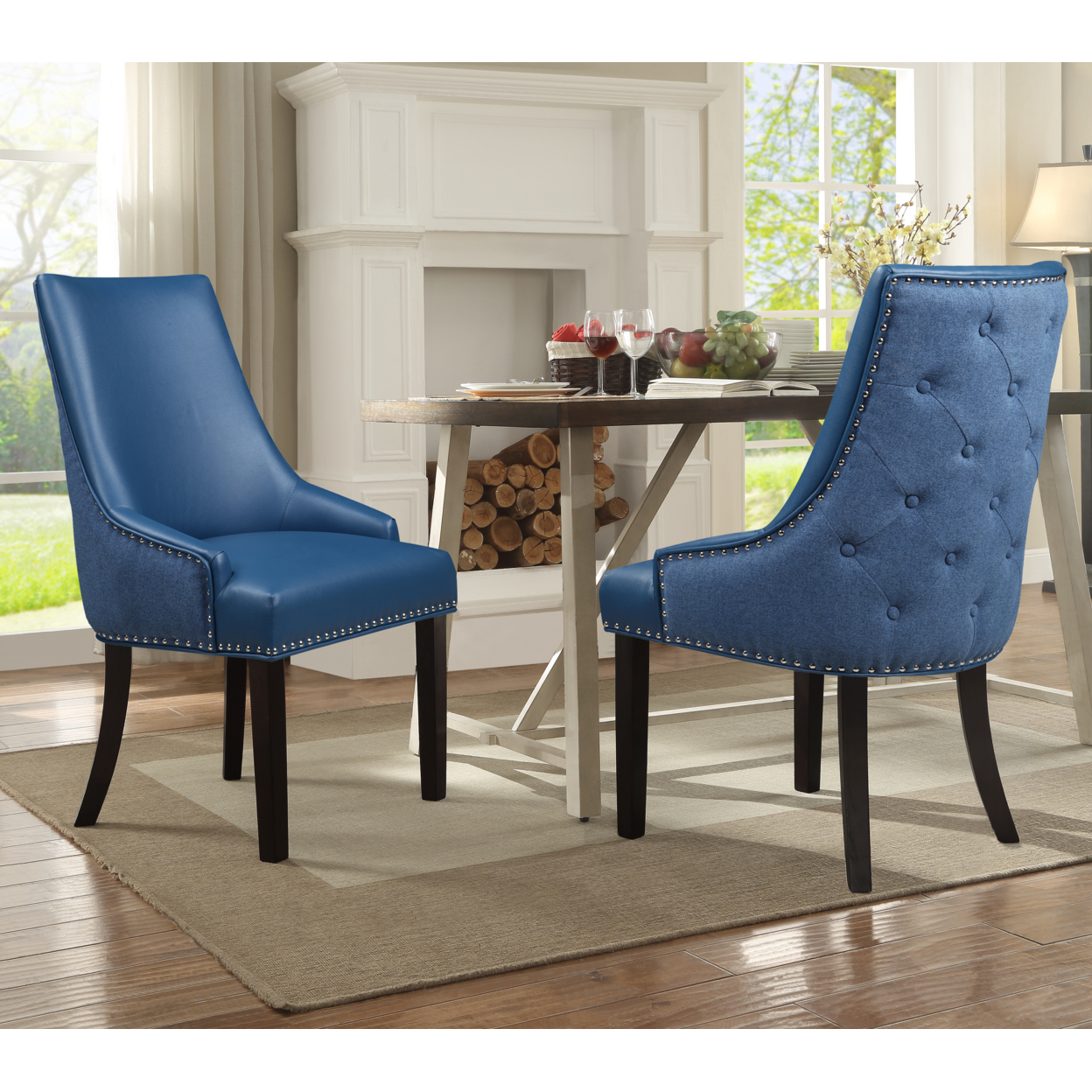 Taylor PU Leather Dining Chair, Set Of 2, Linen Button Tufted With Silver Nailhead Solid Birch Legs - Navy