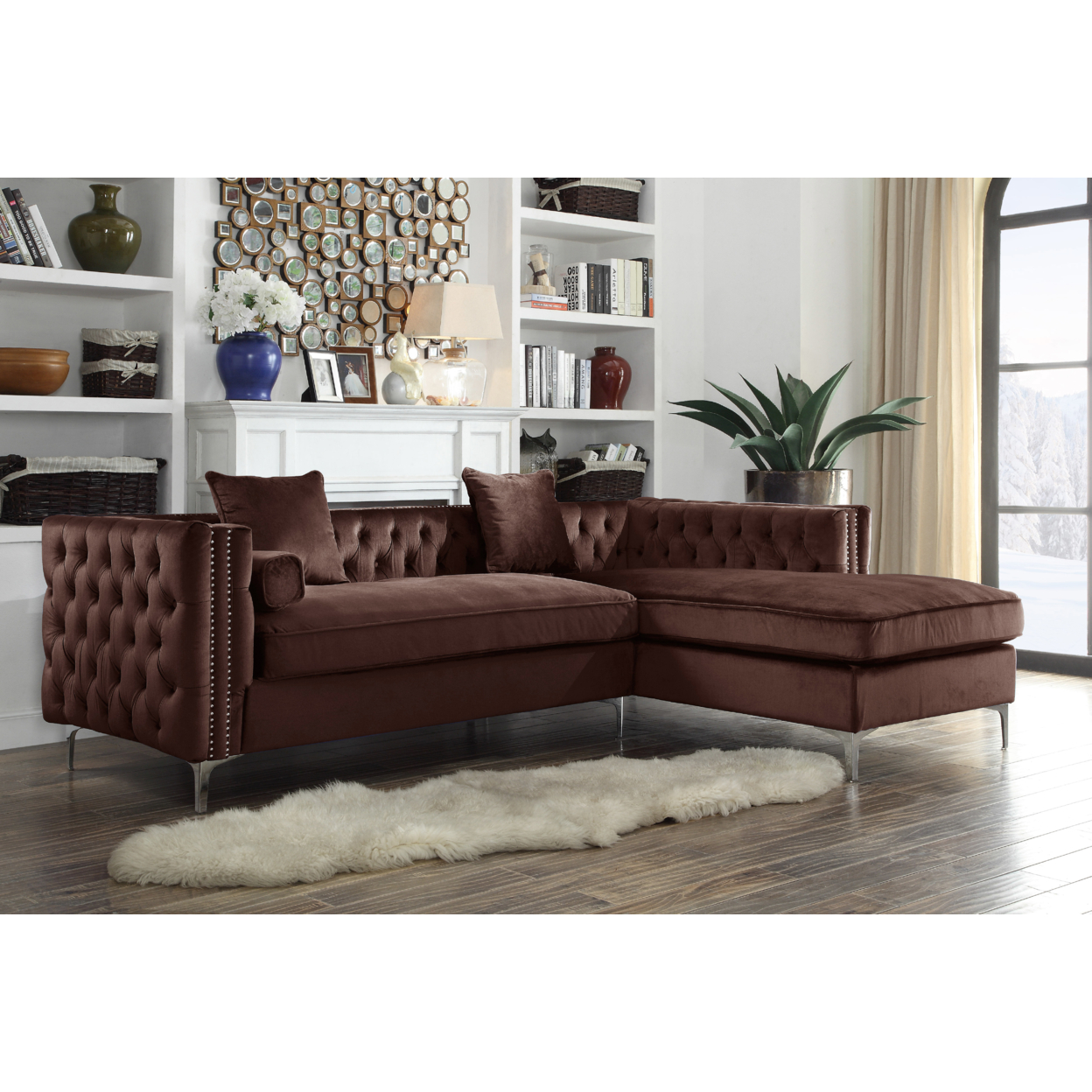 Picasso Velvet Right Facing Sectional Sofa Button Tufted With Silver Nailhead Trim Silvertone Metal Y-leg - Brown