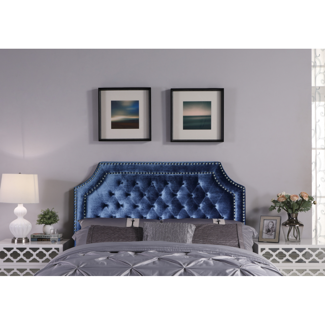 Horus Headboard Velvet Upholstered Button Tufted Double Row Silver Nailhead Trim - Taupe, Queen