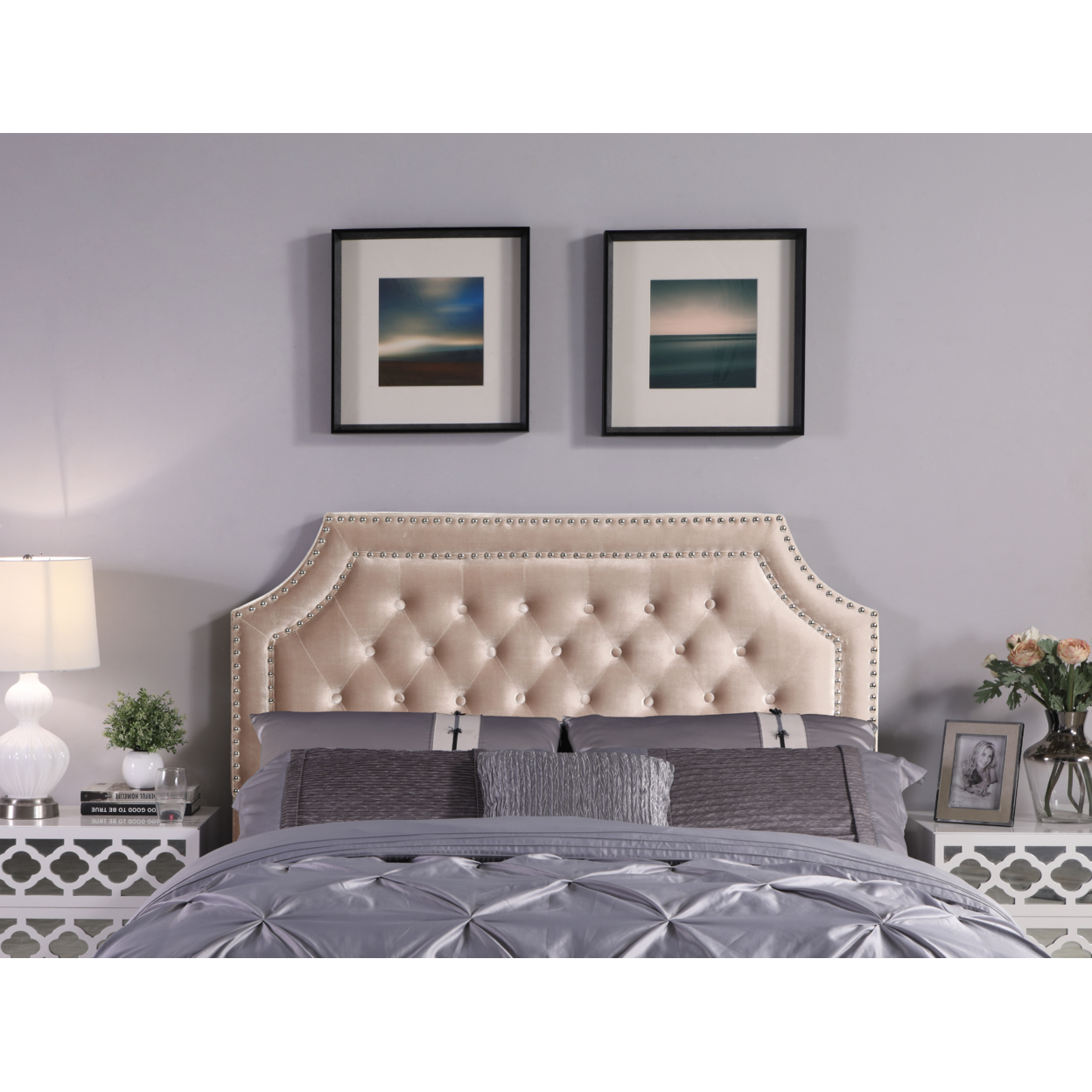Horus Headboard Velvet Upholstered Button Tufted Double Row Silver Nailhead Trim - Taupe, Twin