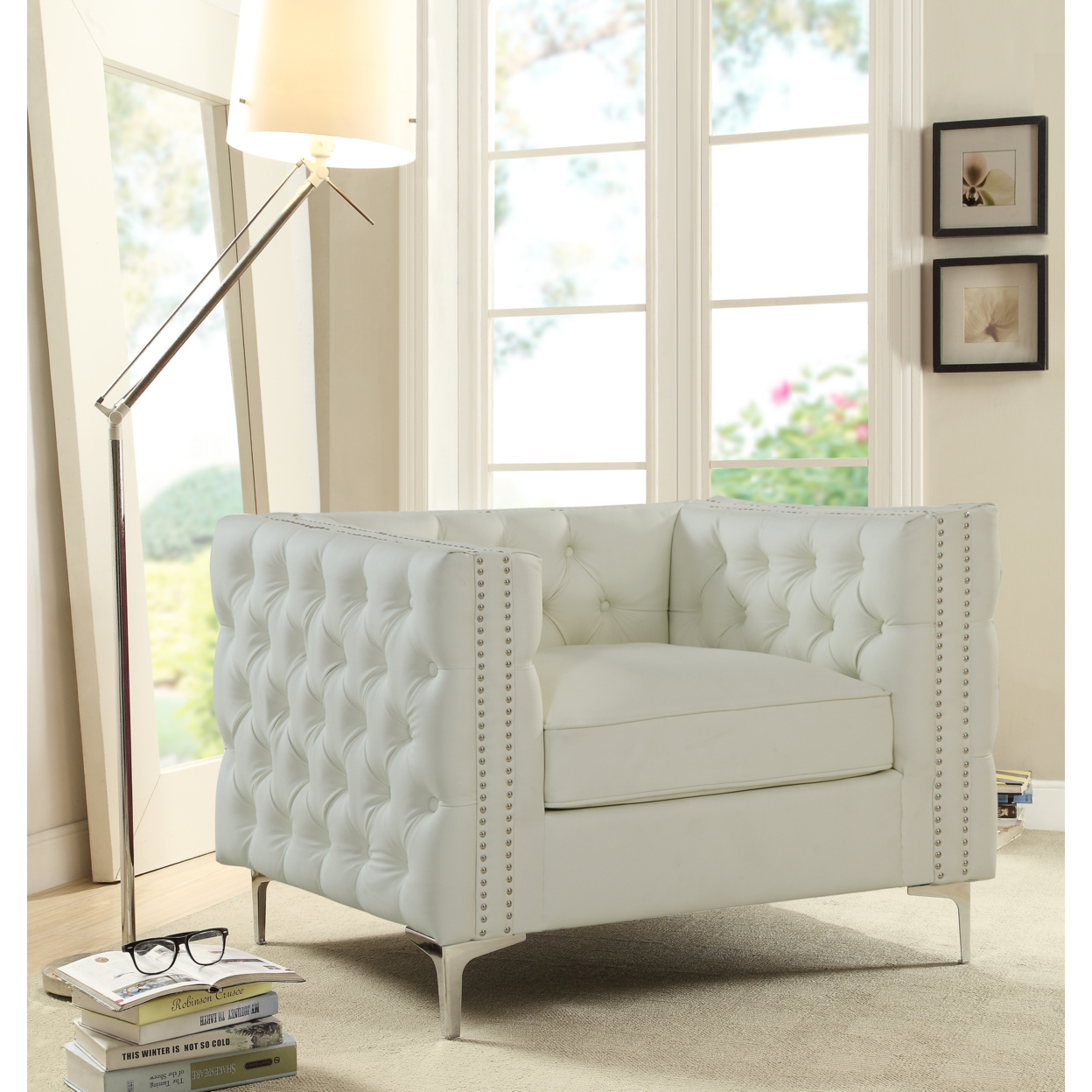 Picasso PU Leather Modern Contemporary Button Tufted With Silver Nailhead Trim Silvertone Metal Y-leg Club Chair - Cream