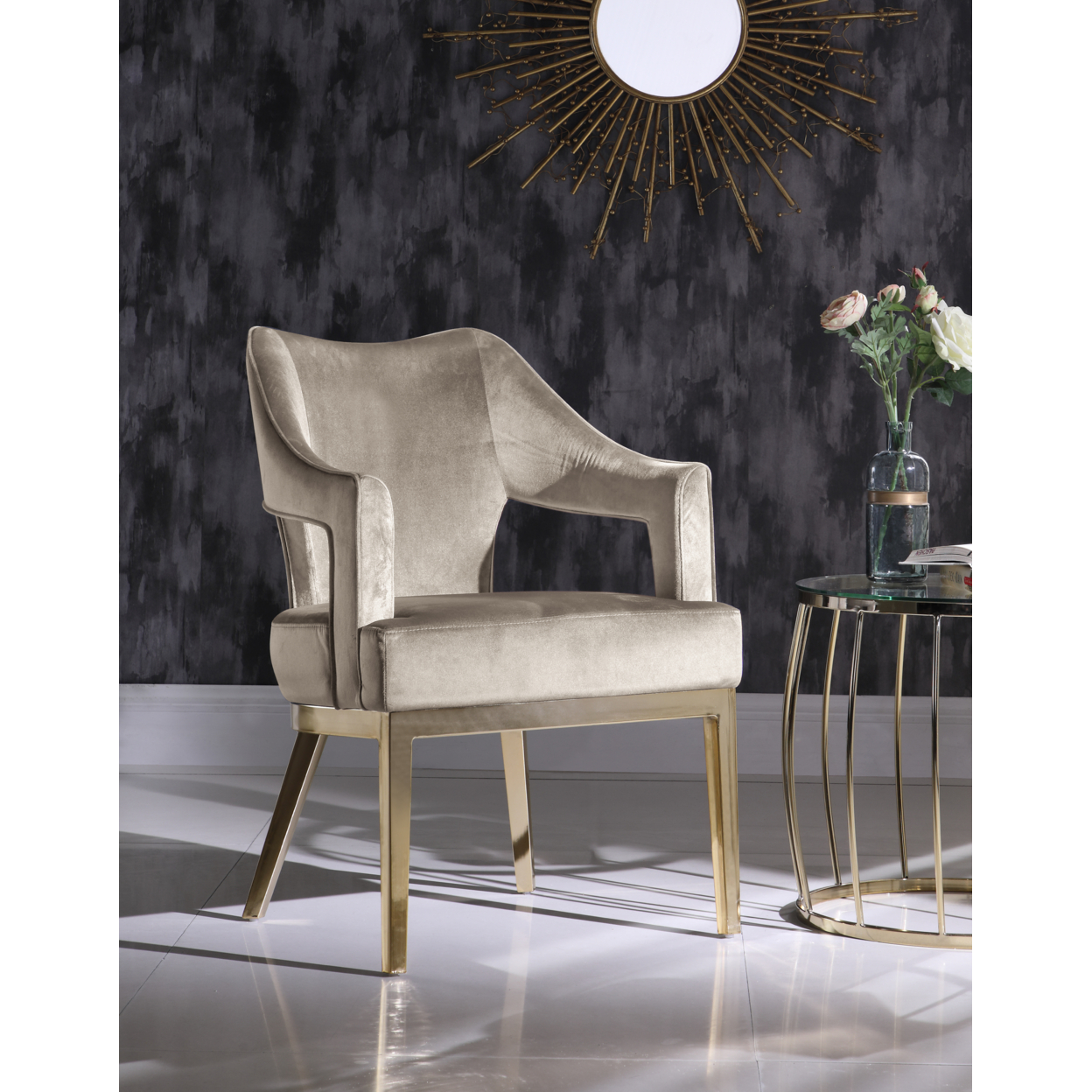 Shri Accent Chair Plush Velvet Upholstered Swoop Arm Gold Tone Solid Metal Legs - Brick