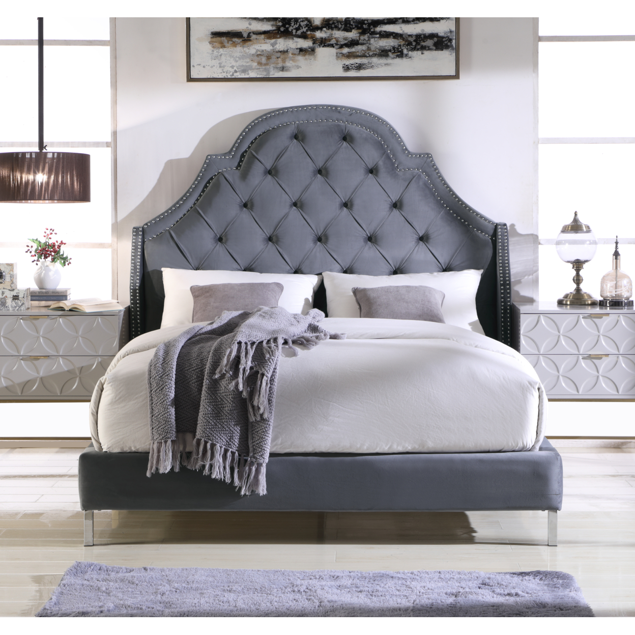 Arthur Bed Frame With Wingback Headboard Velvet Upholstered Button Tufted - Dark Grey, Queen