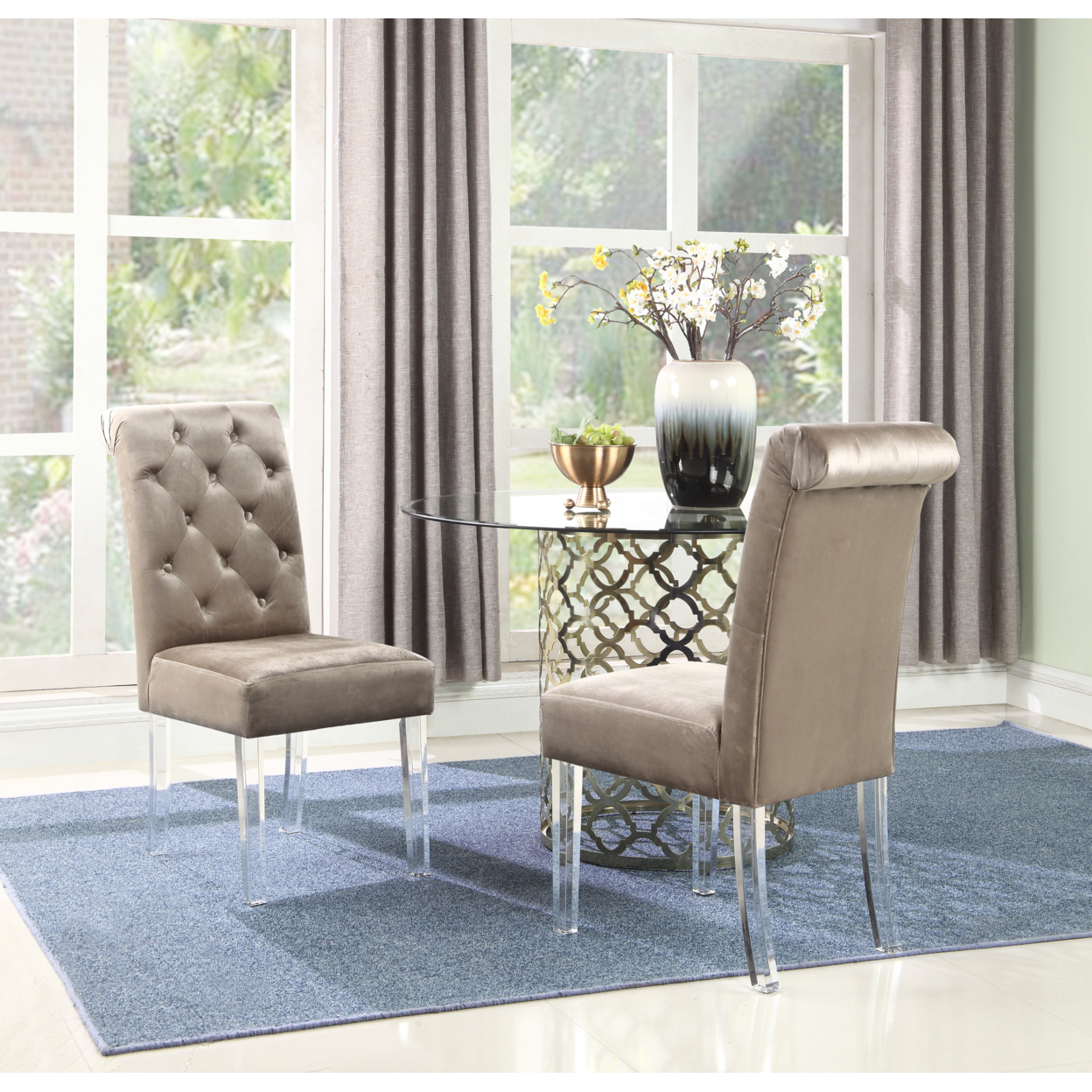 Helga Dining Side Chair Button Tufted Velvet Upholstered Acrylic Legs (Set Of 2) - Grey