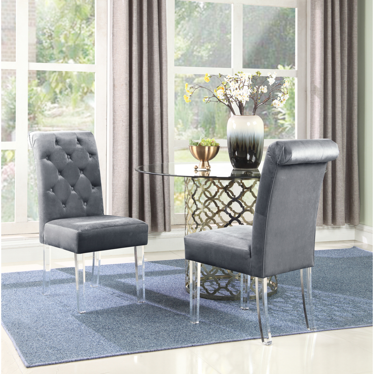 Helga Dining Side Chair Button Tufted Velvet Upholstered Acrylic Legs (Set Of 2) - Grey