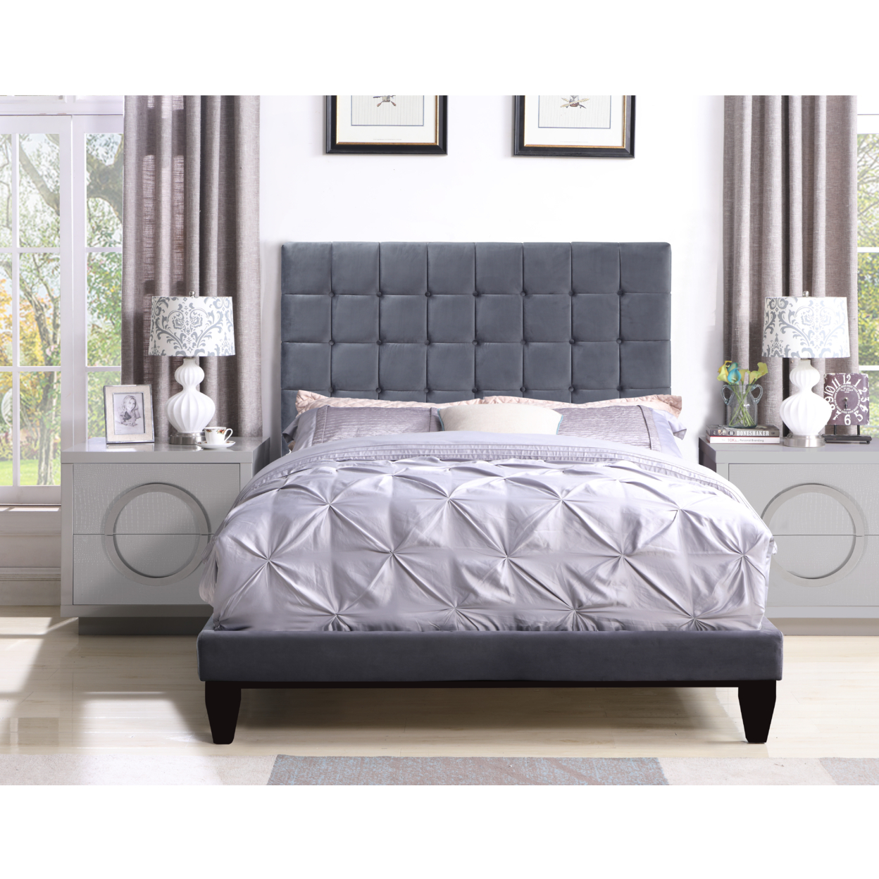Chopin Bed Frame With Headboard Velvet Upholstered Button Tufted Tapered Birch Legs - Grey, Queen