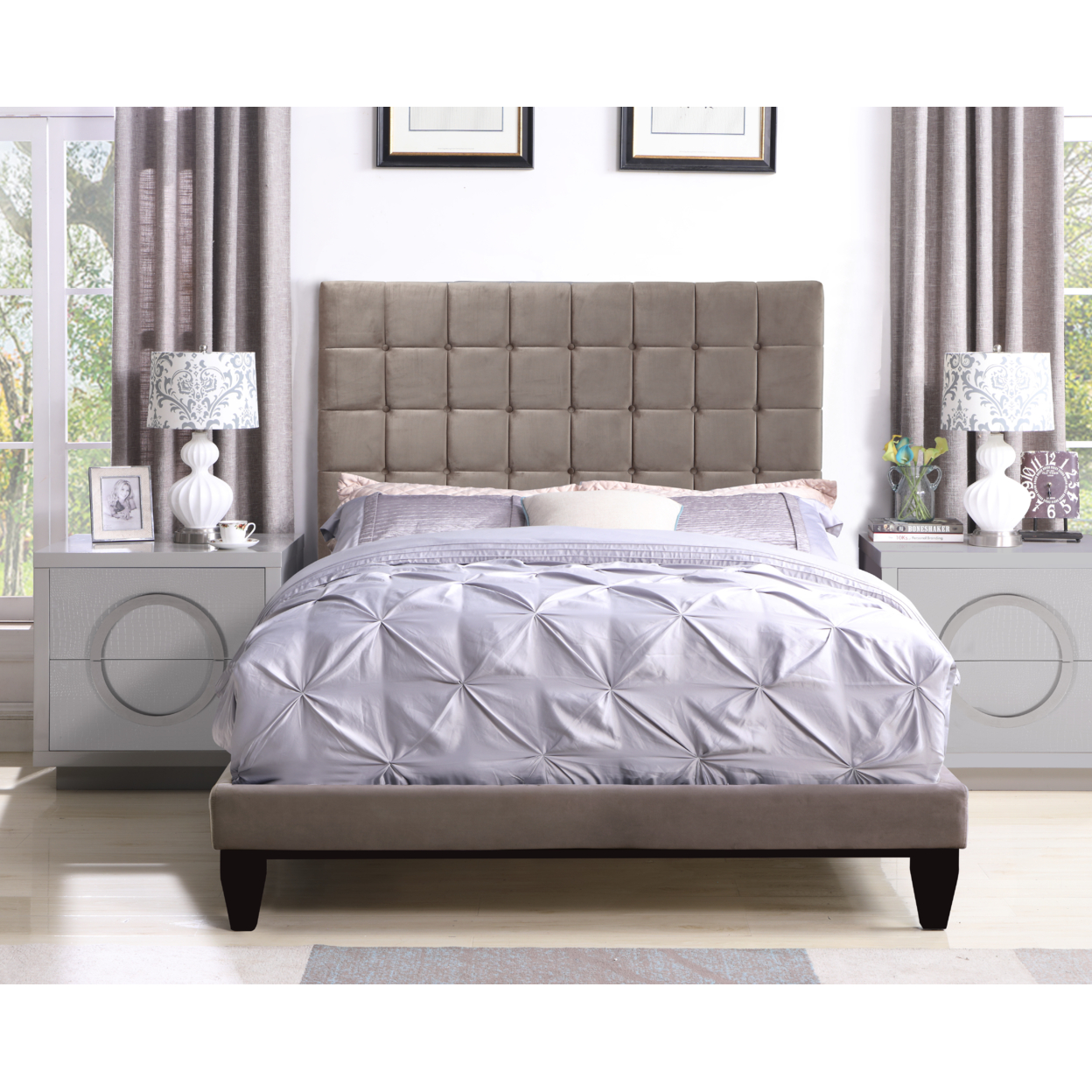 Chopin Bed Frame With Headboard Velvet Upholstered Button Tufted Tapered Birch Legs - Taupe, Queen
